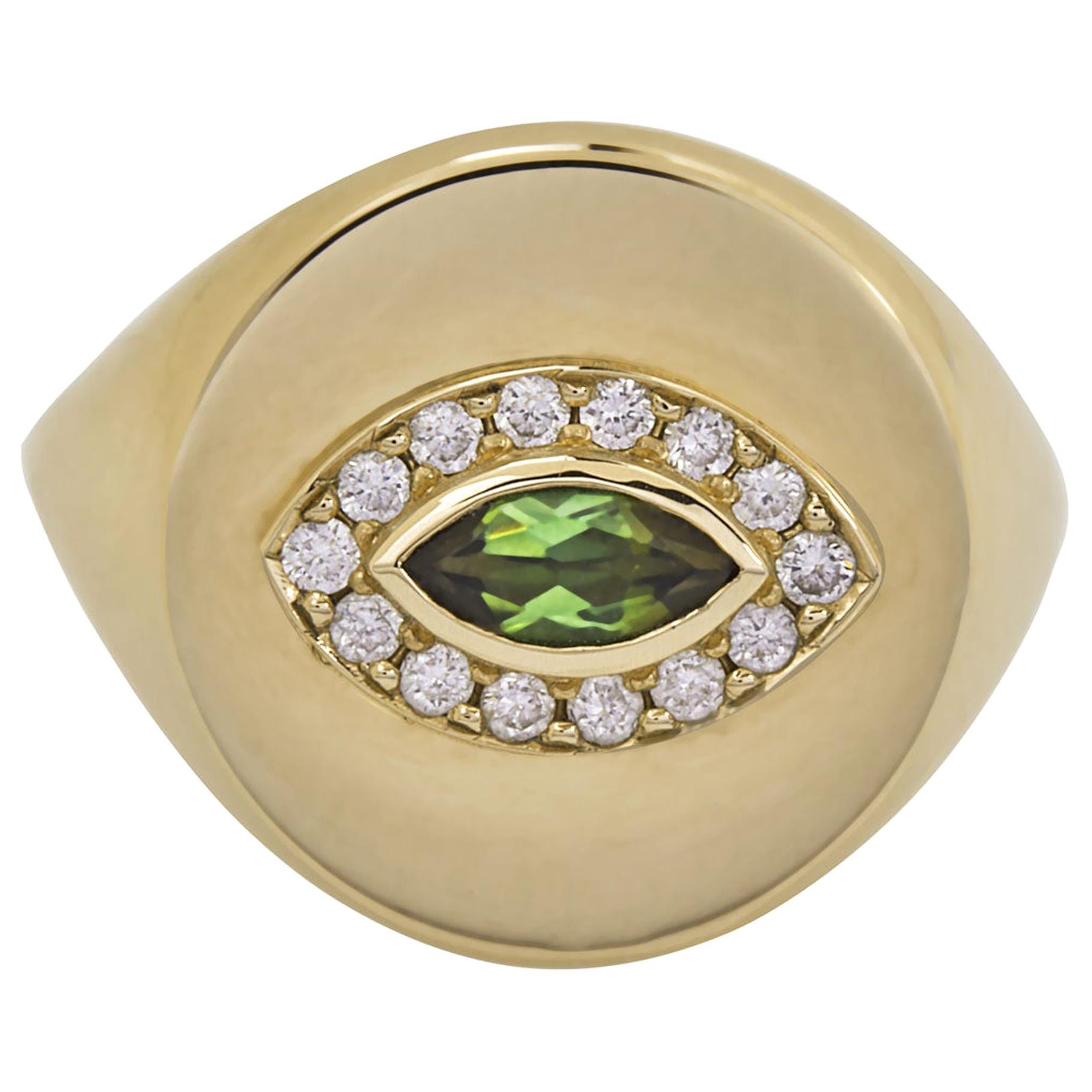 18 Karat Yellow Gold, Green Tourmaline Marquise Cut and Diamond, Eye Ring For Sale