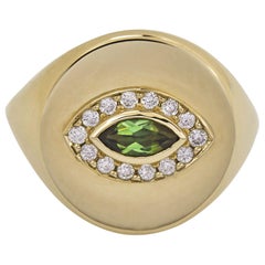 18 Karat Yellow Gold, Green Tourmaline Marquise Cut and Diamond, Eye Ring