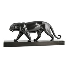 Scultura Pantera Art Deco di Irenée Rochard in metallo patinato nero - Francia 1930