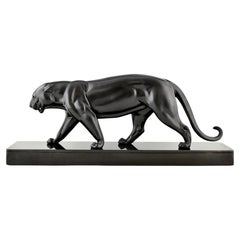 Scultura Pantera Art Deco di Irenée Rochard in metallo patinato nero - Francia 1930