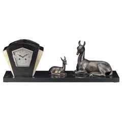 Irénée Rochard French Art Deco Large Mantle Clock with Deer, circa 1925