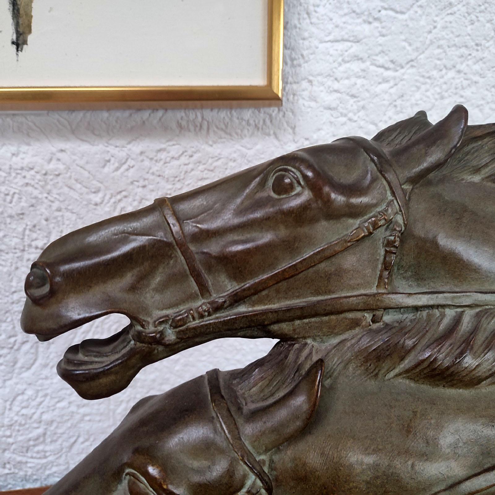 Patinated Ireneè Rochard Horse Heads in Motion, Sculpture, Reveyrolis, France For Sale