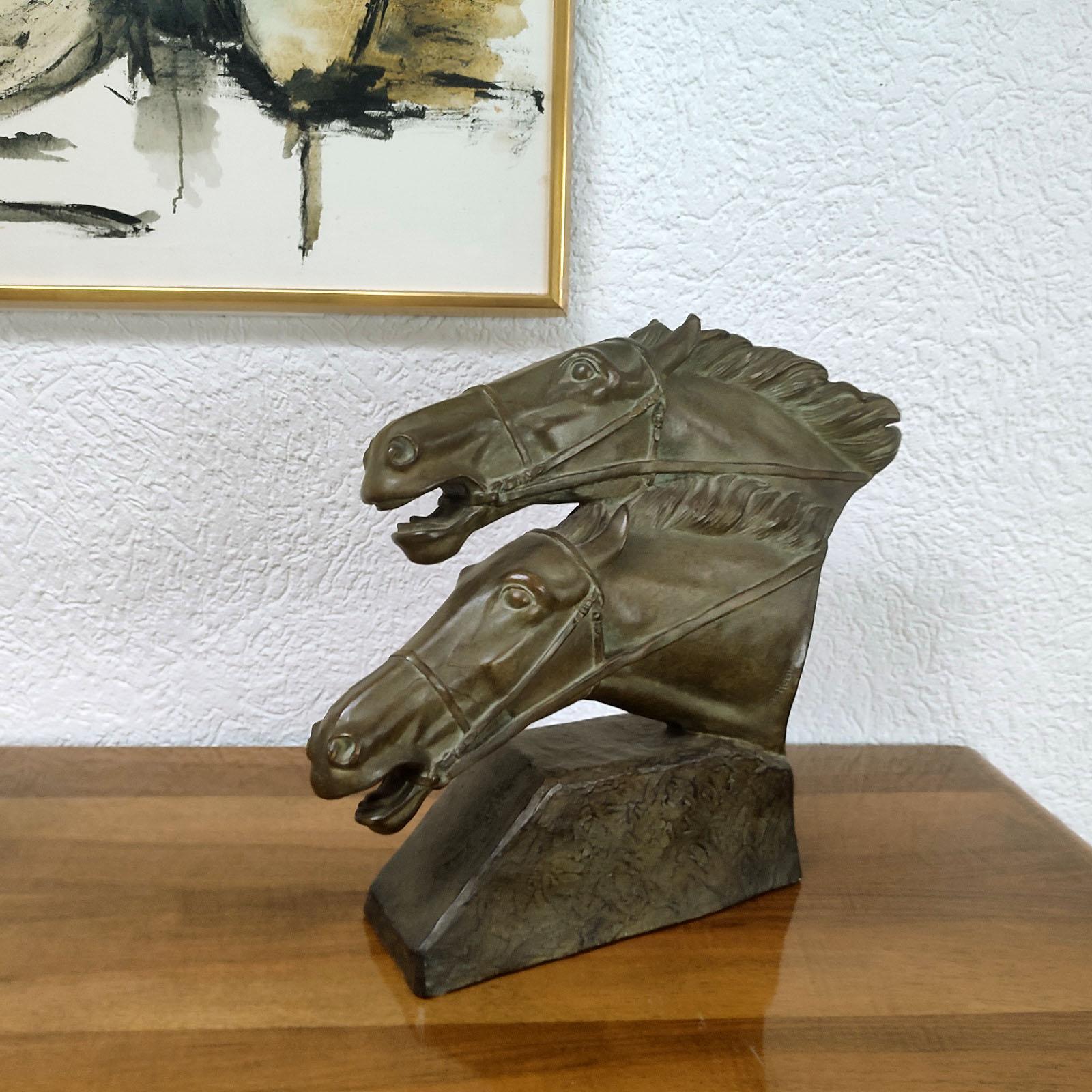 Terracotta Art Deco Horse Heads in Motion, Sculpture by Ireneè Rochard France For Sale