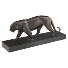 Irenee Rochard, Original Art-Déco-Bronze-Skulptur eines gestreiften Panthers