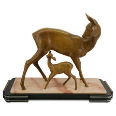 Irenee ROCHARD Rare and Large Doe and her Fawn Sculpture, 1920