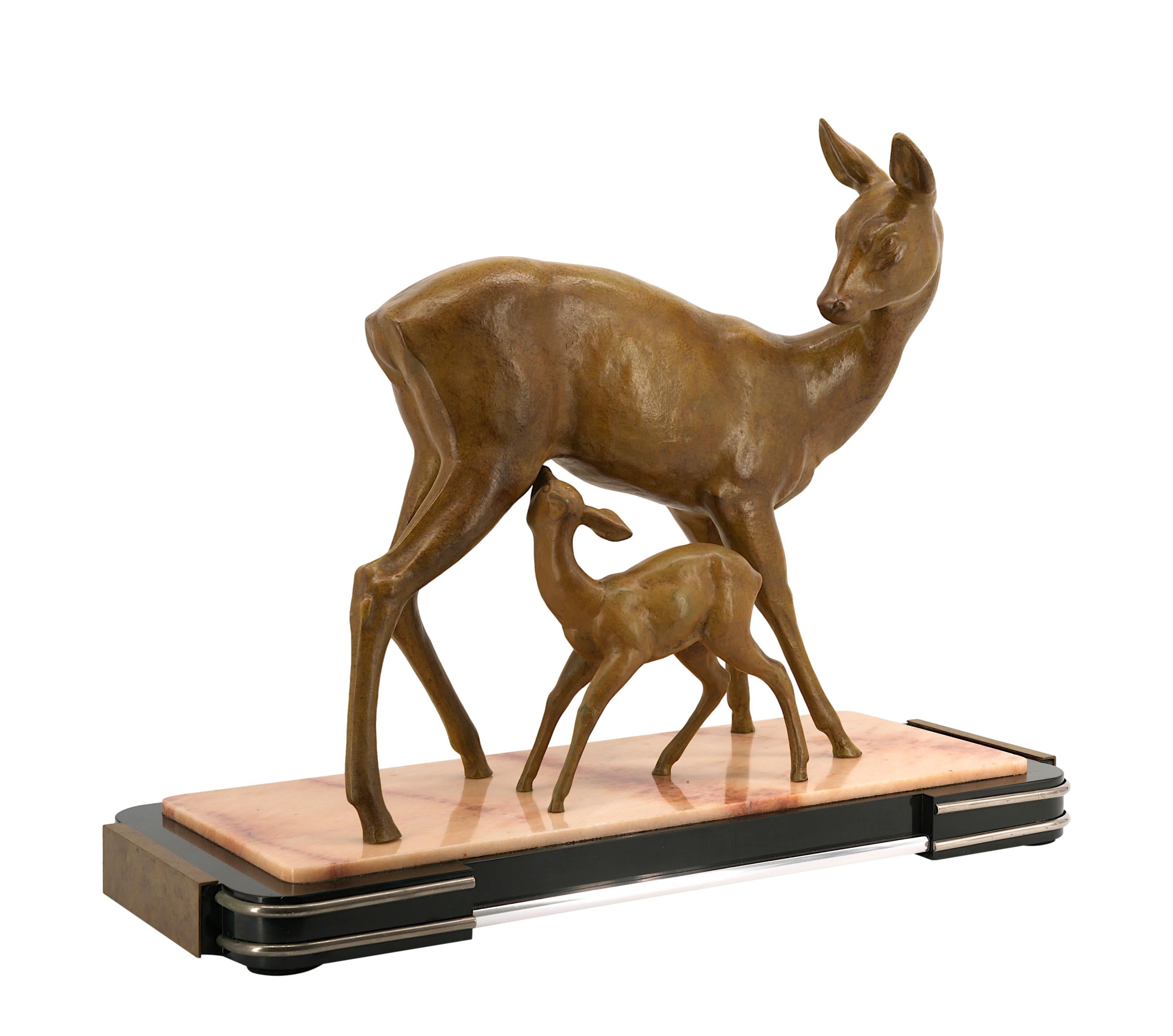 Metal Irenee ROCHARD Rare and Large Doe and her Fawn Sculpture, 1920 For Sale