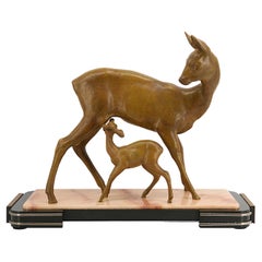Irenee ROCHARD Seltene und große Doe und ihr Rehkitz-Skulptur, 1920