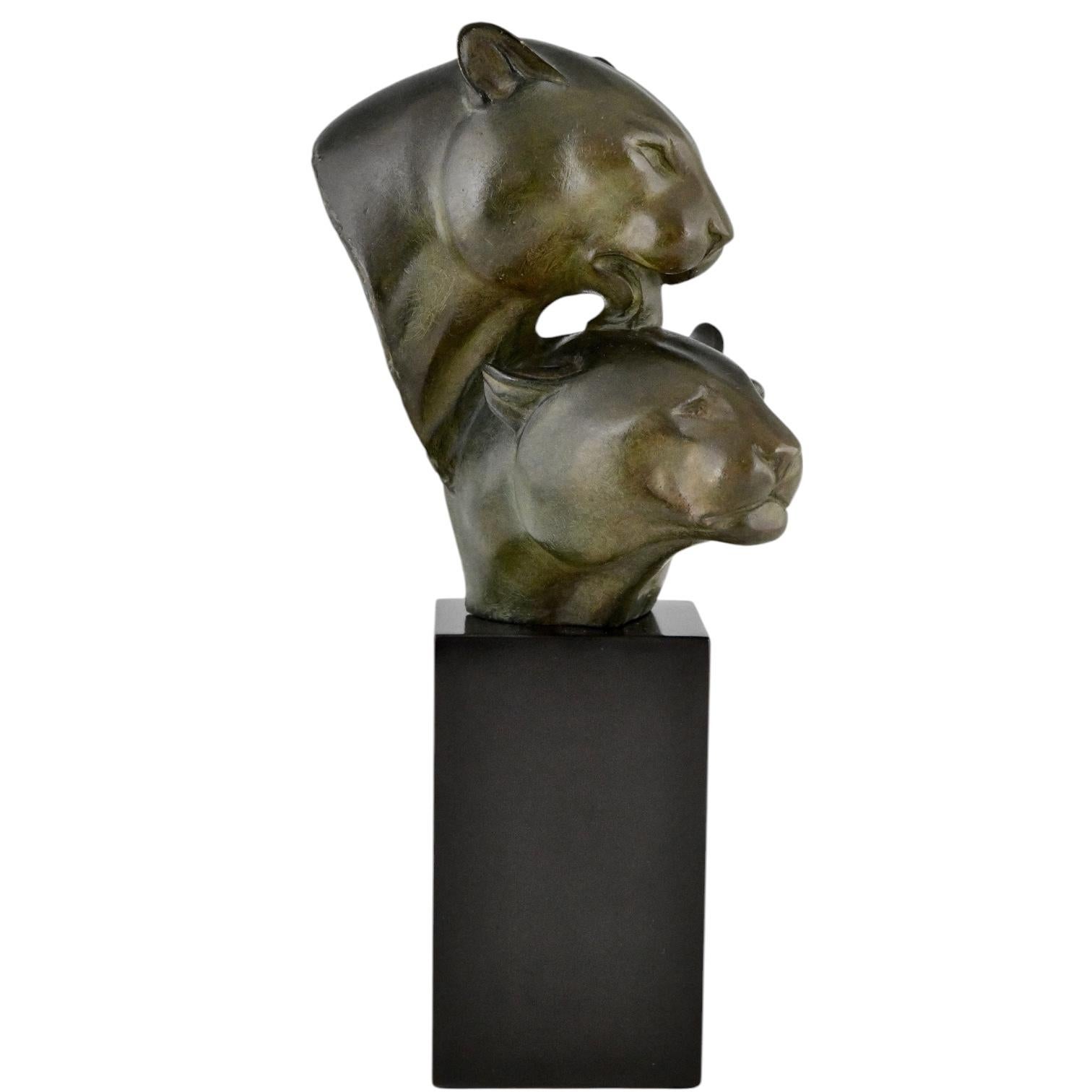 Art Deco bronze sculpture two panther heads. For Sale 2