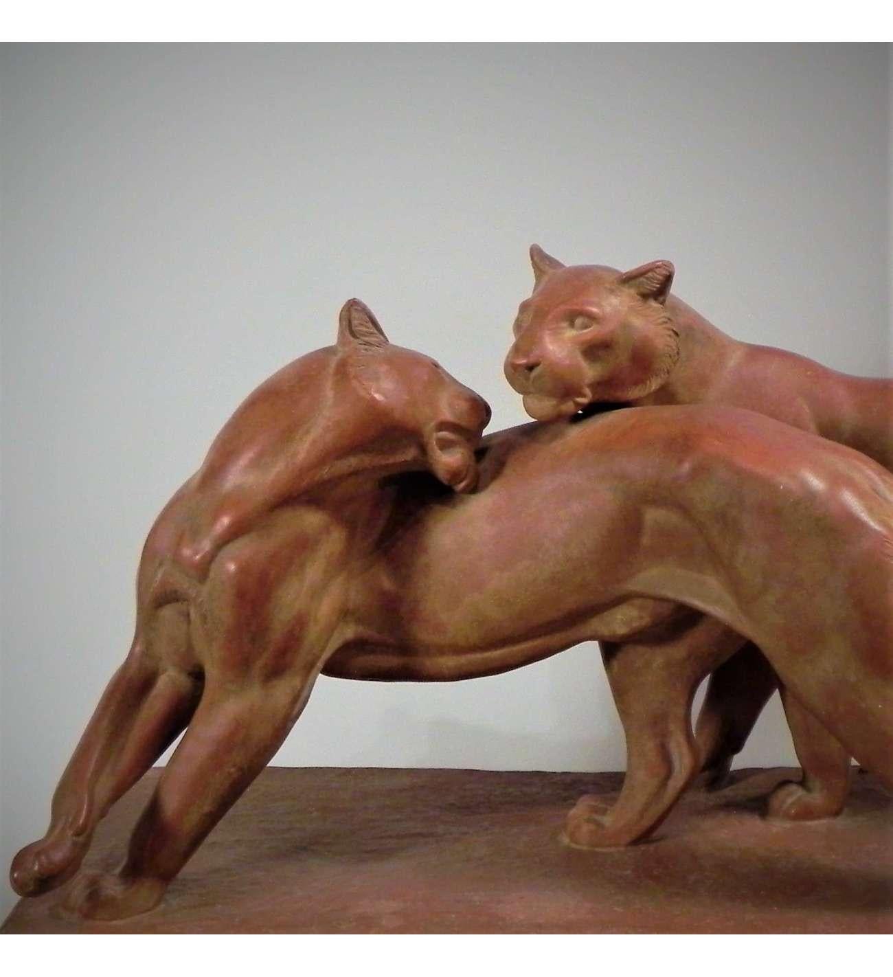 Statue de panthères en terre cuite de Réne Rochard  (1906 -1984) - Sculpture de Irénée Rochard