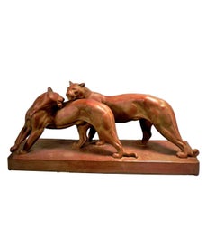 Statue de panthères en terre cuite de Réne Rochard  (1906 -1984)
