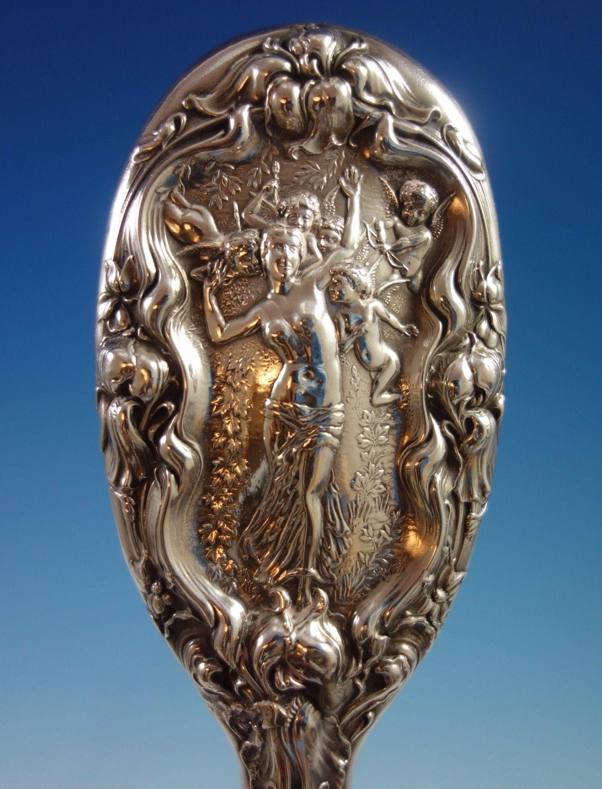 Irian by Wallace sterling silver hair brush. Figural Art Nouveau woman and winged cupids. Extra chased design. Vintage monogram (see photos). The piece is marked with #3003, and it measures 8 1/2