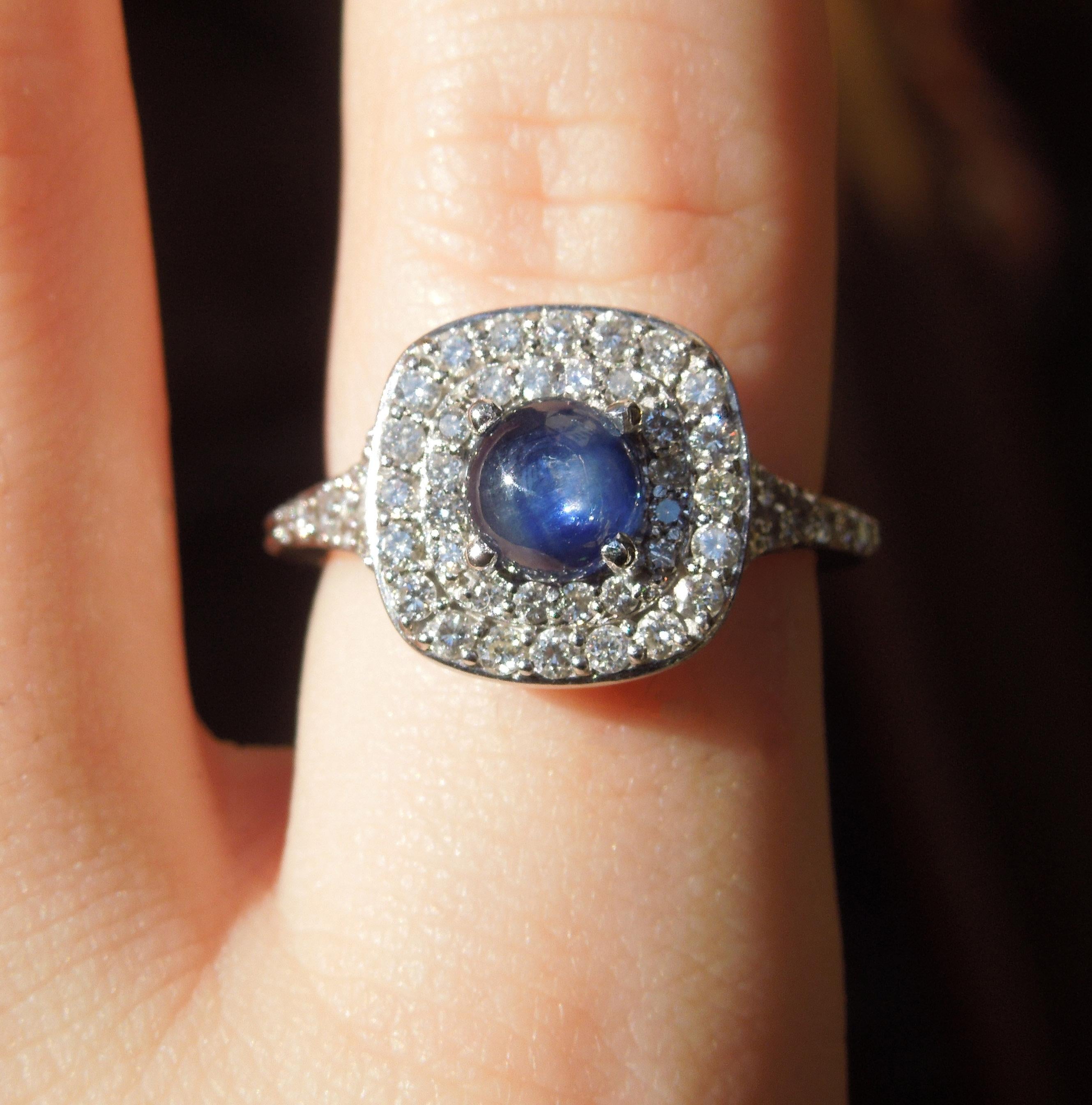 Iridescent 1.58 Carat Sapphire and Square Diamond Halo Ring For Sale 4