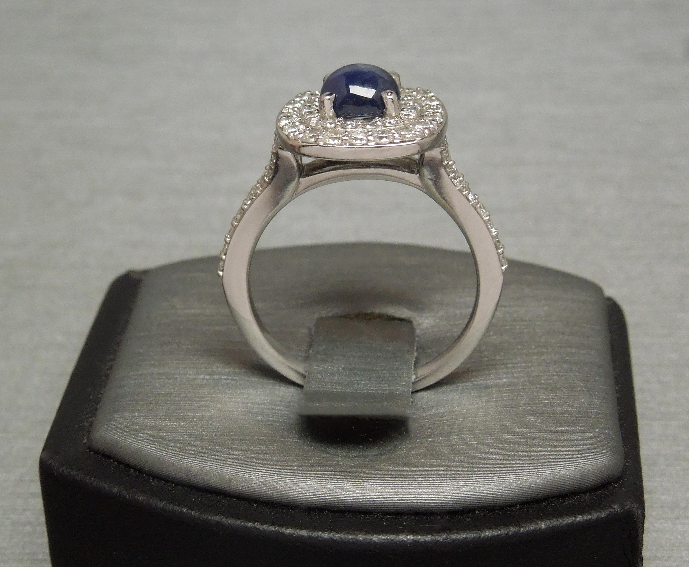 Women's Iridescent 1.58 Carat Sapphire and Square Diamond Halo Ring For Sale