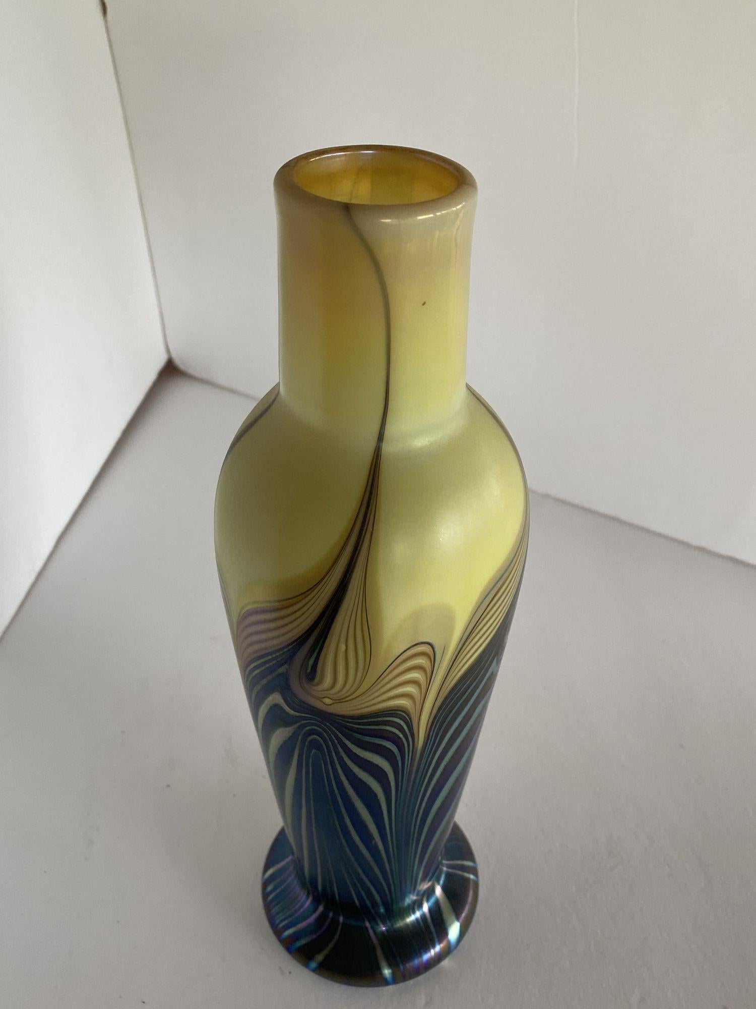 American Iridescent 7 Color Art Glass Vase by Lundberg Studio For Sale