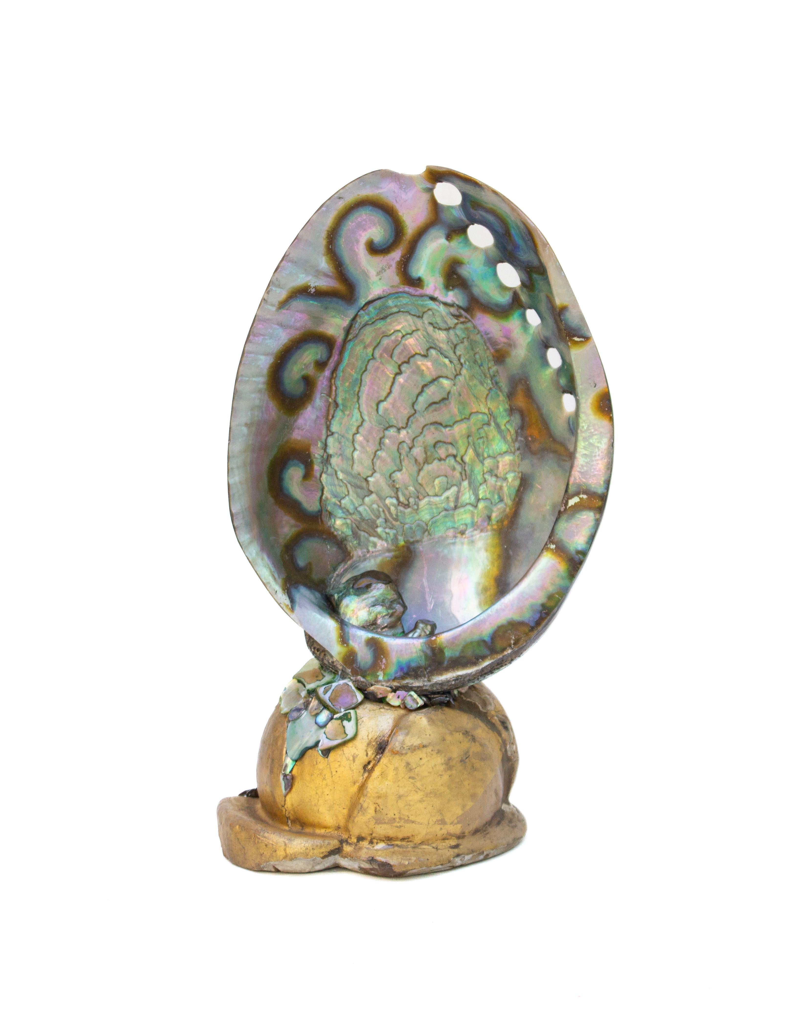 Modern Iridescent Abalone Shell on 18th Century Italian Gilded Base with Baroque Pearls For Sale