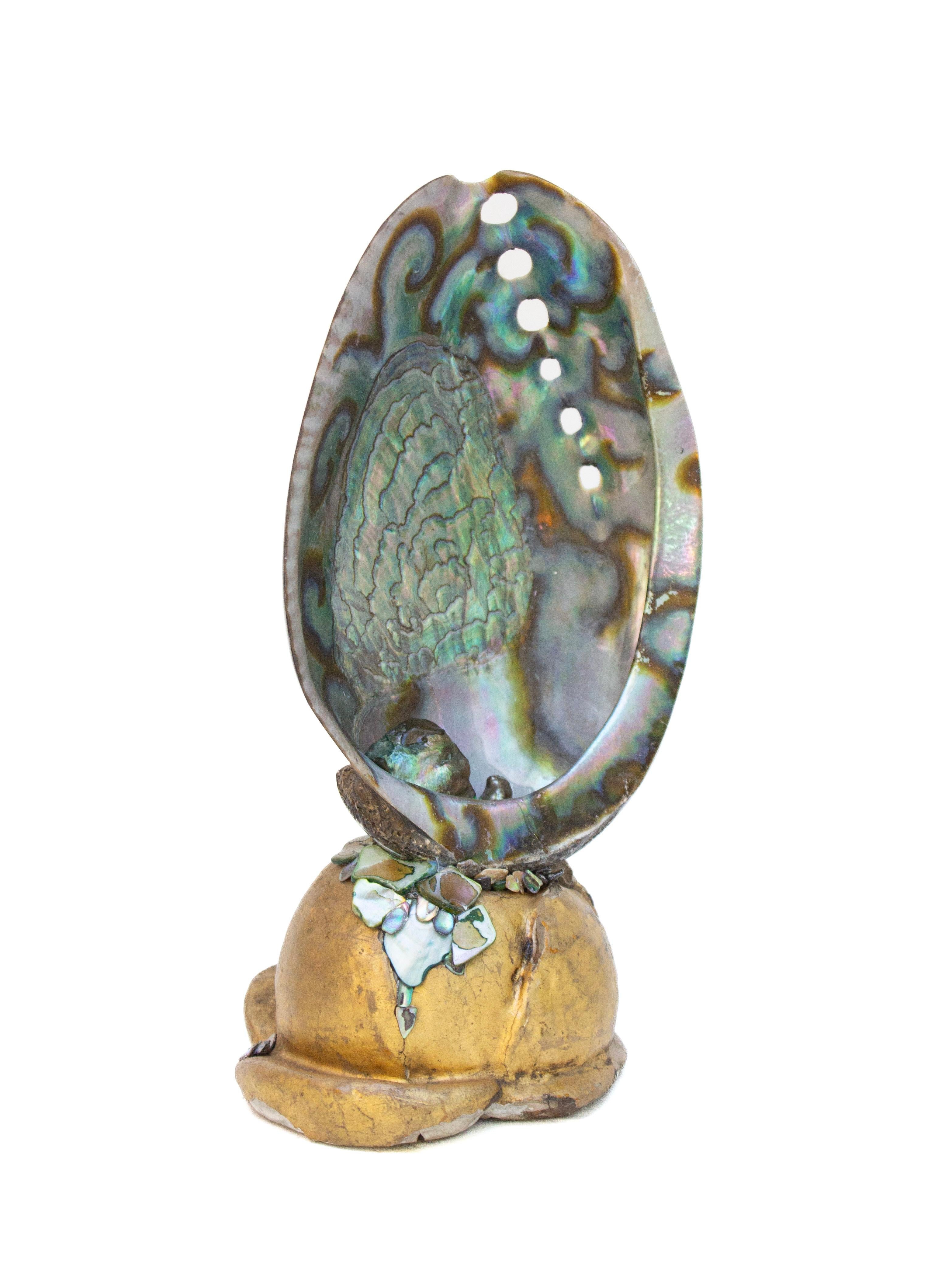 Gilt Iridescent Abalone Shell on 18th Century Italian Gilded Base with Baroque Pearls For Sale