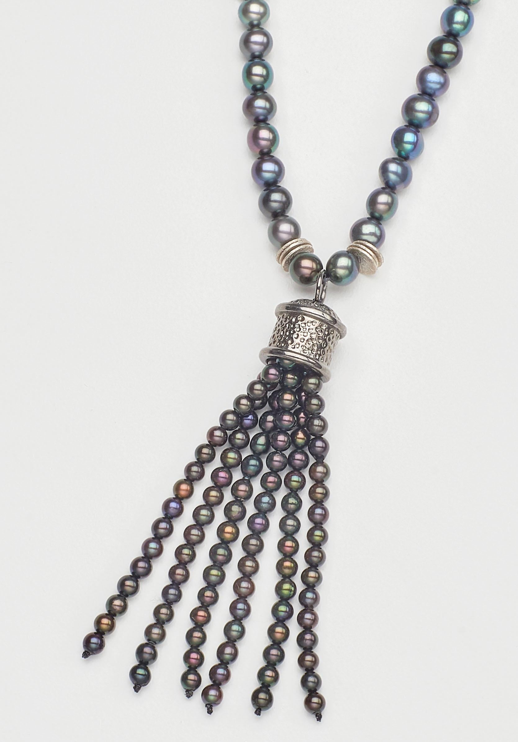 Artisan Iridescent Pearl Sterling Silver Tassel Pendant Necklace  For Sale