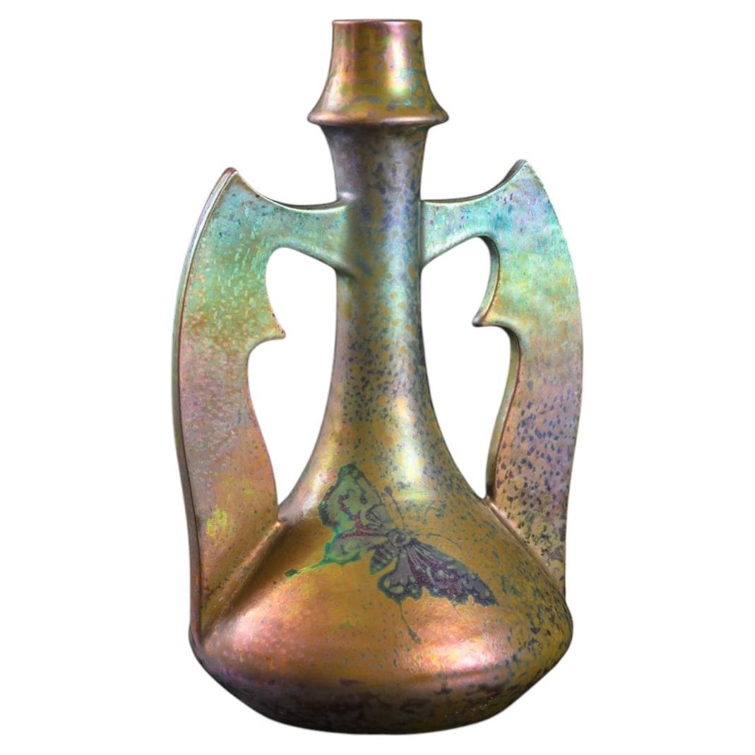 Iridescent Art Nouveau 2-Handled Butterfly Vase by Clement Massier
