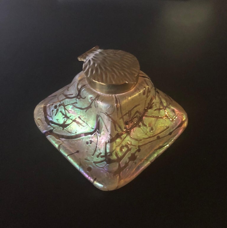 Iridescent Art Nouveau Art Glass Inkwell by Loetz For Sale at 1stdibs