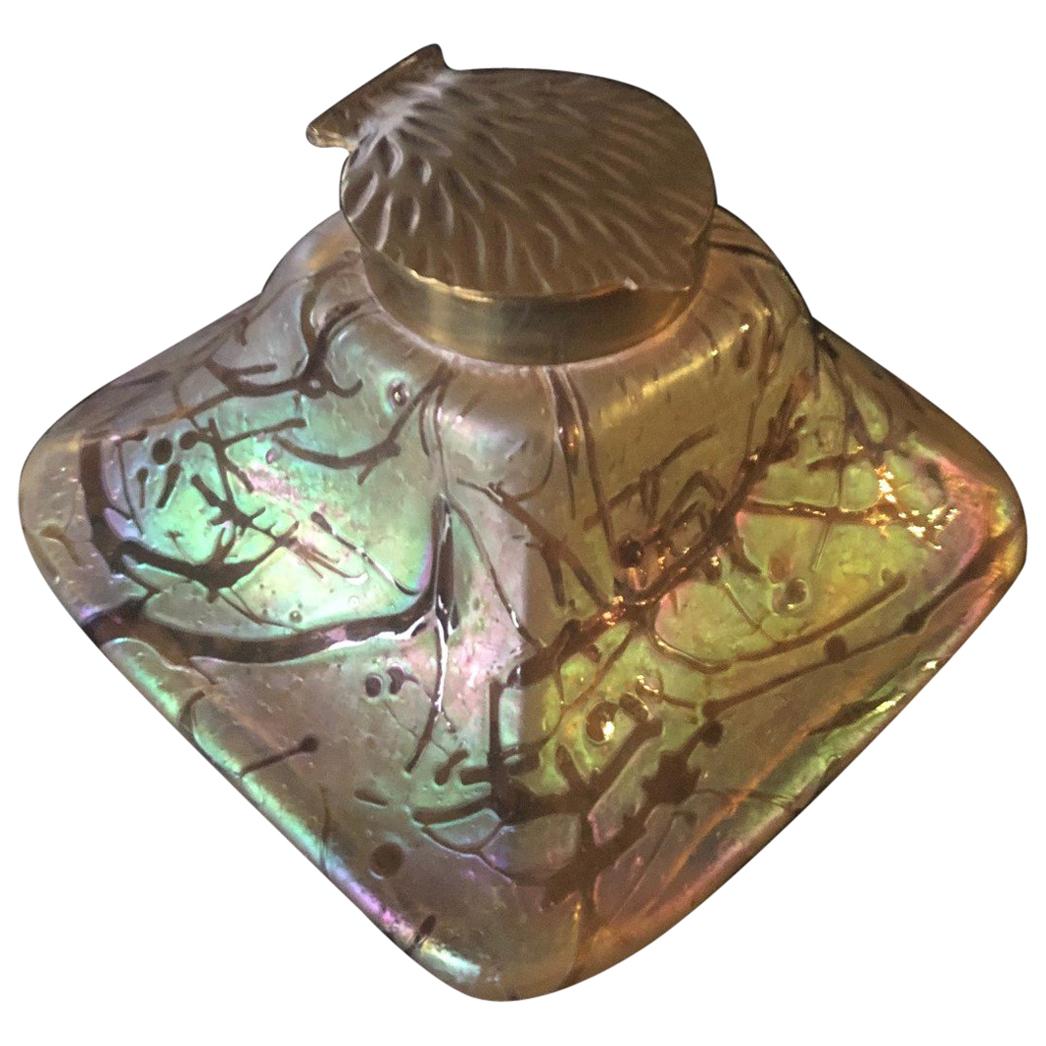 Iridescent Art Nouveau Art Glass Inkwell