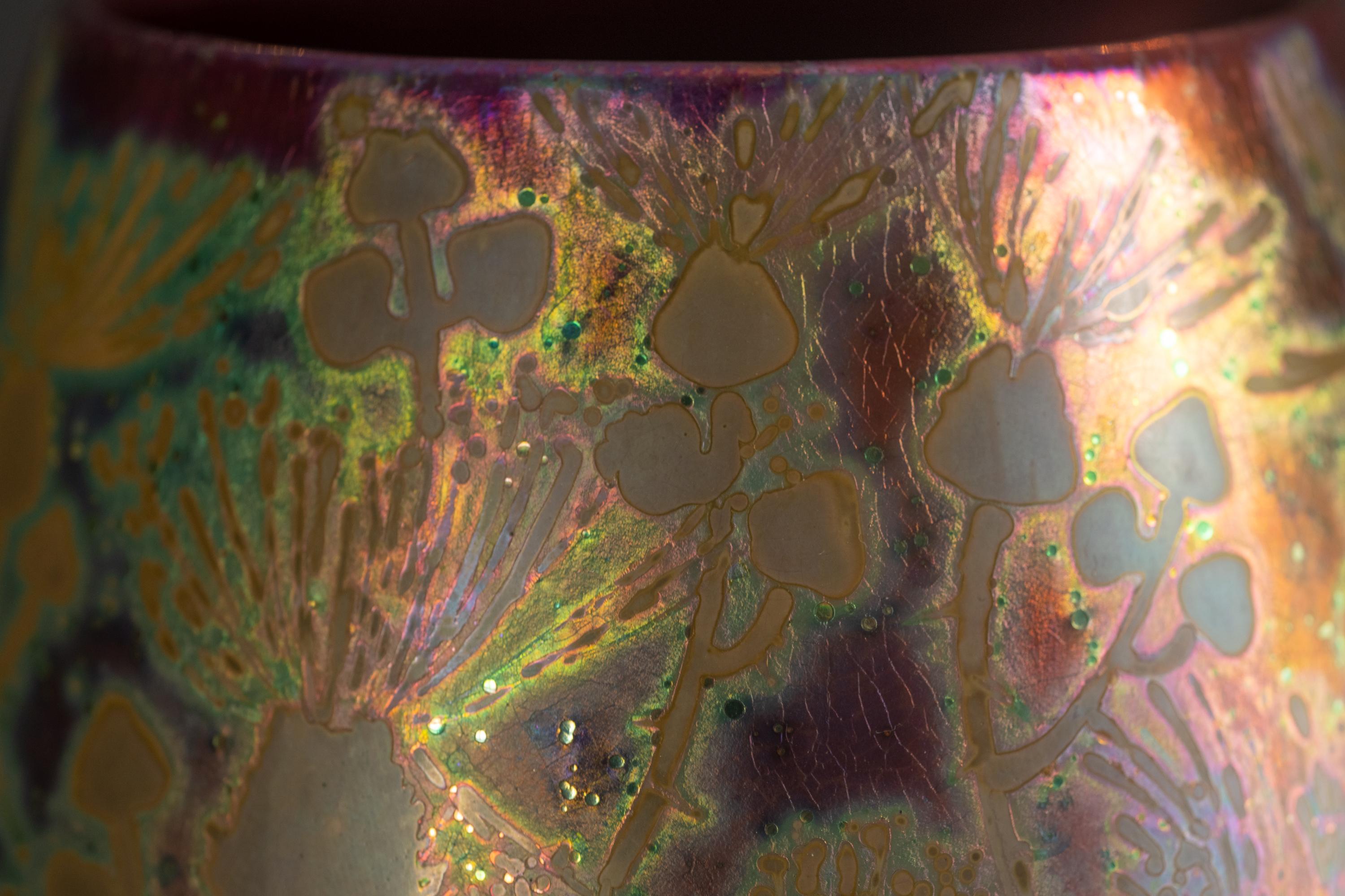 Iridescent Art Nouveau Autumn Flowers Vase by Clement Massier For Sale 6
