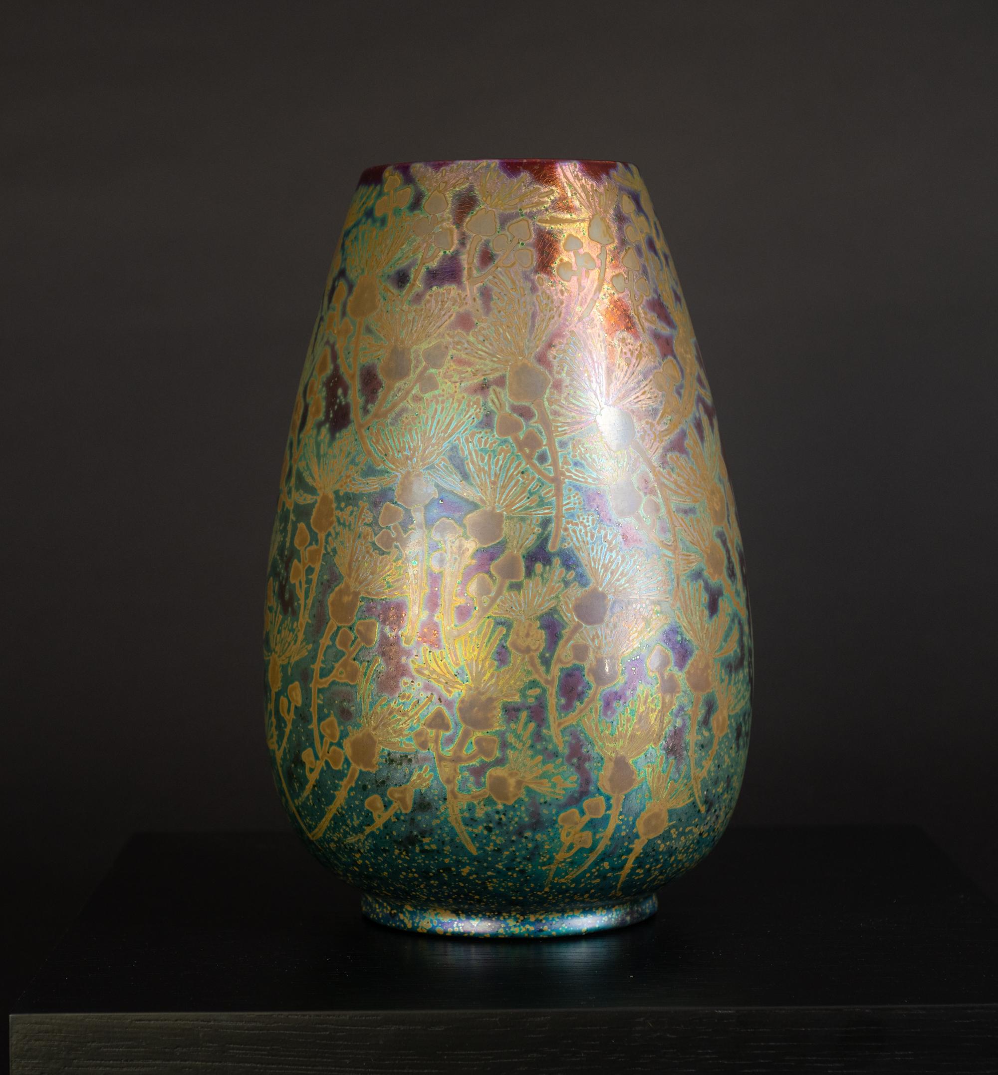 Iridescent Art Nouveau Autumn Flowers Vase by Clement Massier In Good Condition For Sale In Chicago, US