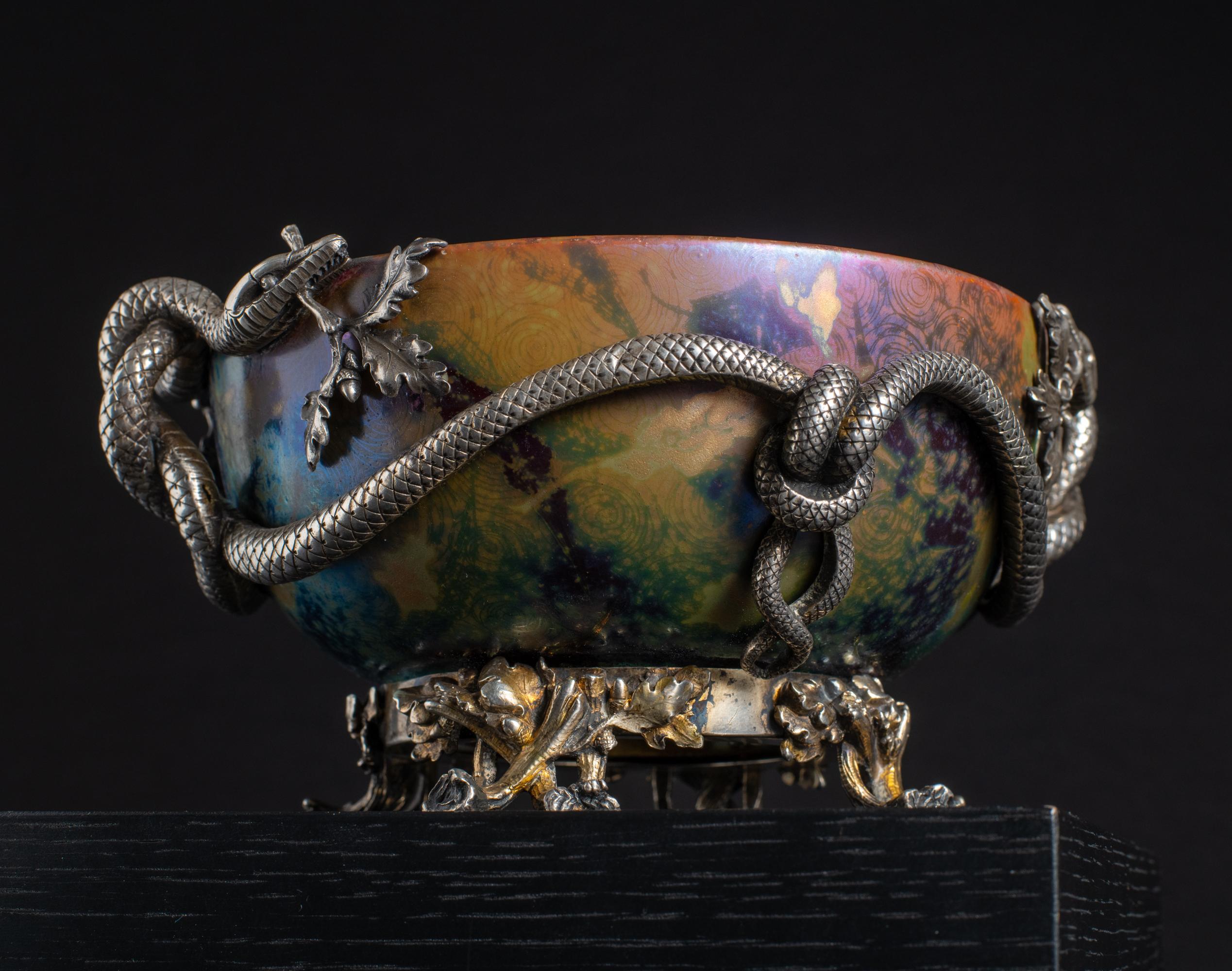 Iridescent Art Nouveau Bowl w/Silver Snake Mount by Clement Massier For Sale 4