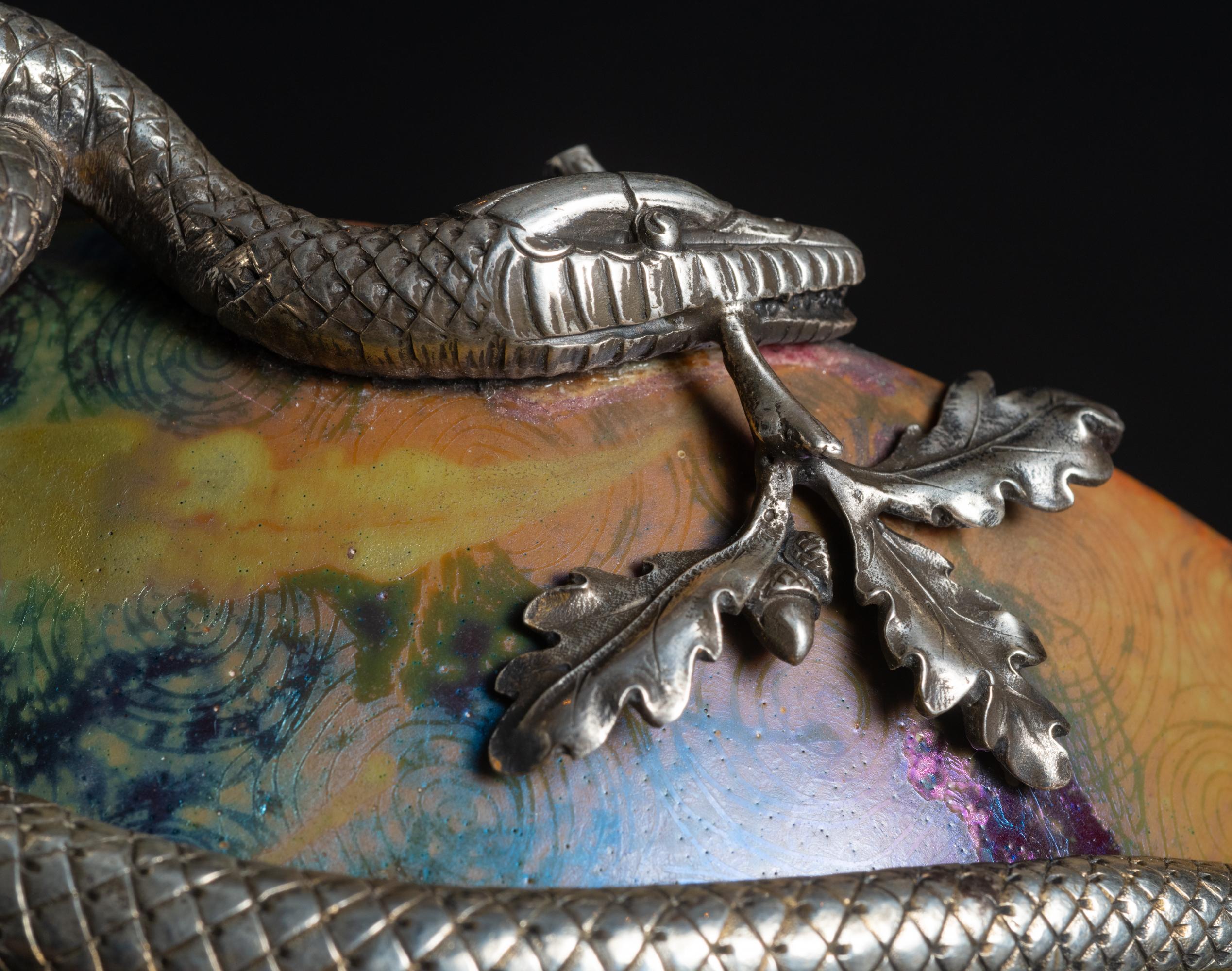 Iridescent Art Nouveau Bowl w/Silver Snake Mount by Clement Massier For Sale 5