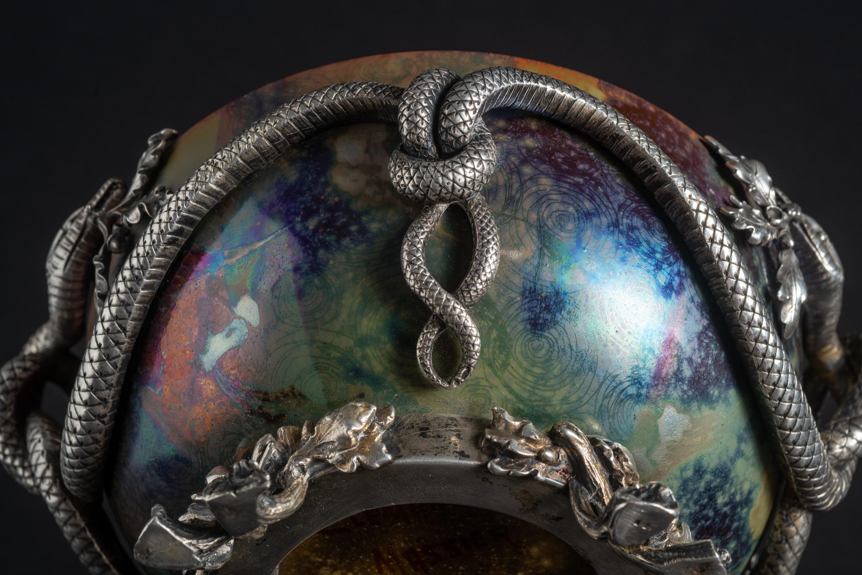 Iridescent Art Nouveau Bowl w/Silver Snake Mount by Clement Massier 6
