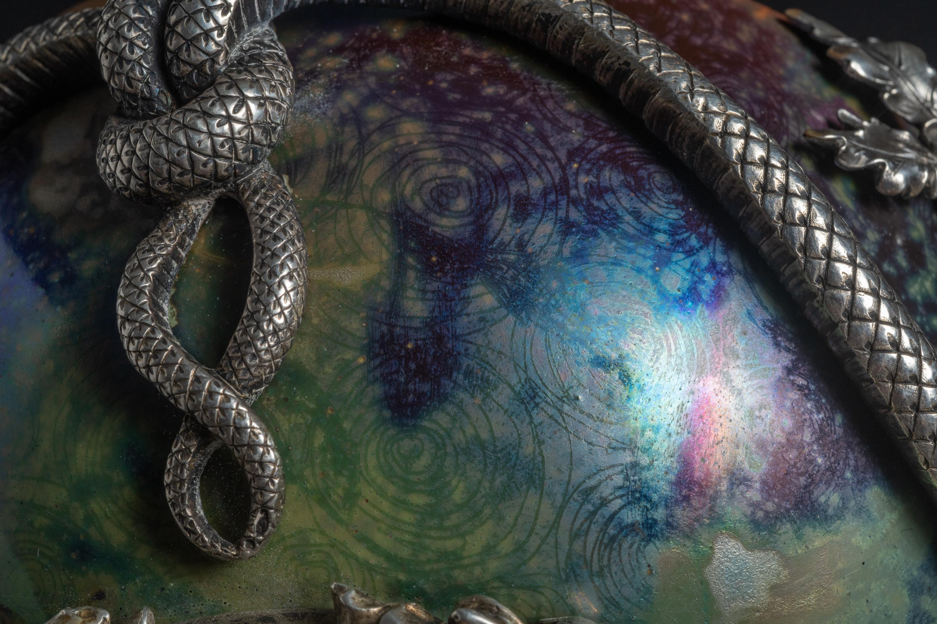 Iridescent Art Nouveau Bowl w/Silver Snake Mount by Clement Massier 7