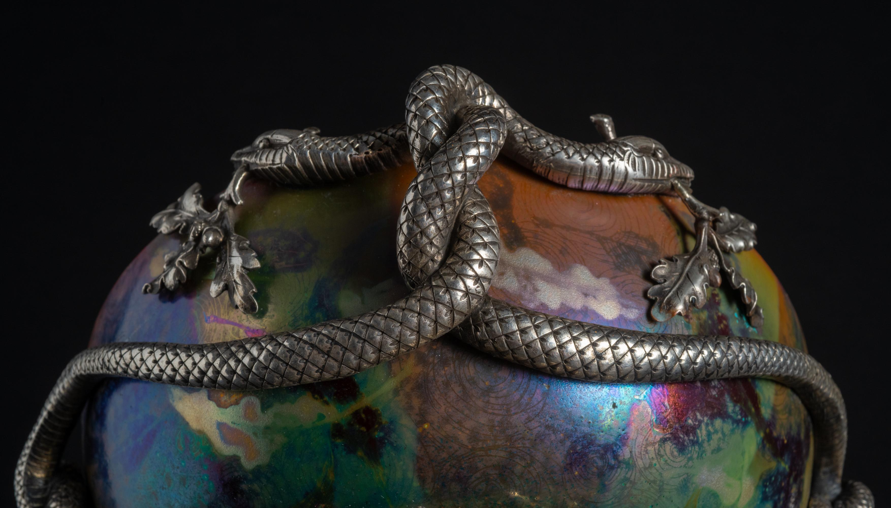 Iridescent Art Nouveau Bowl w/Silver Snake Mount by Clement Massier For Sale 8