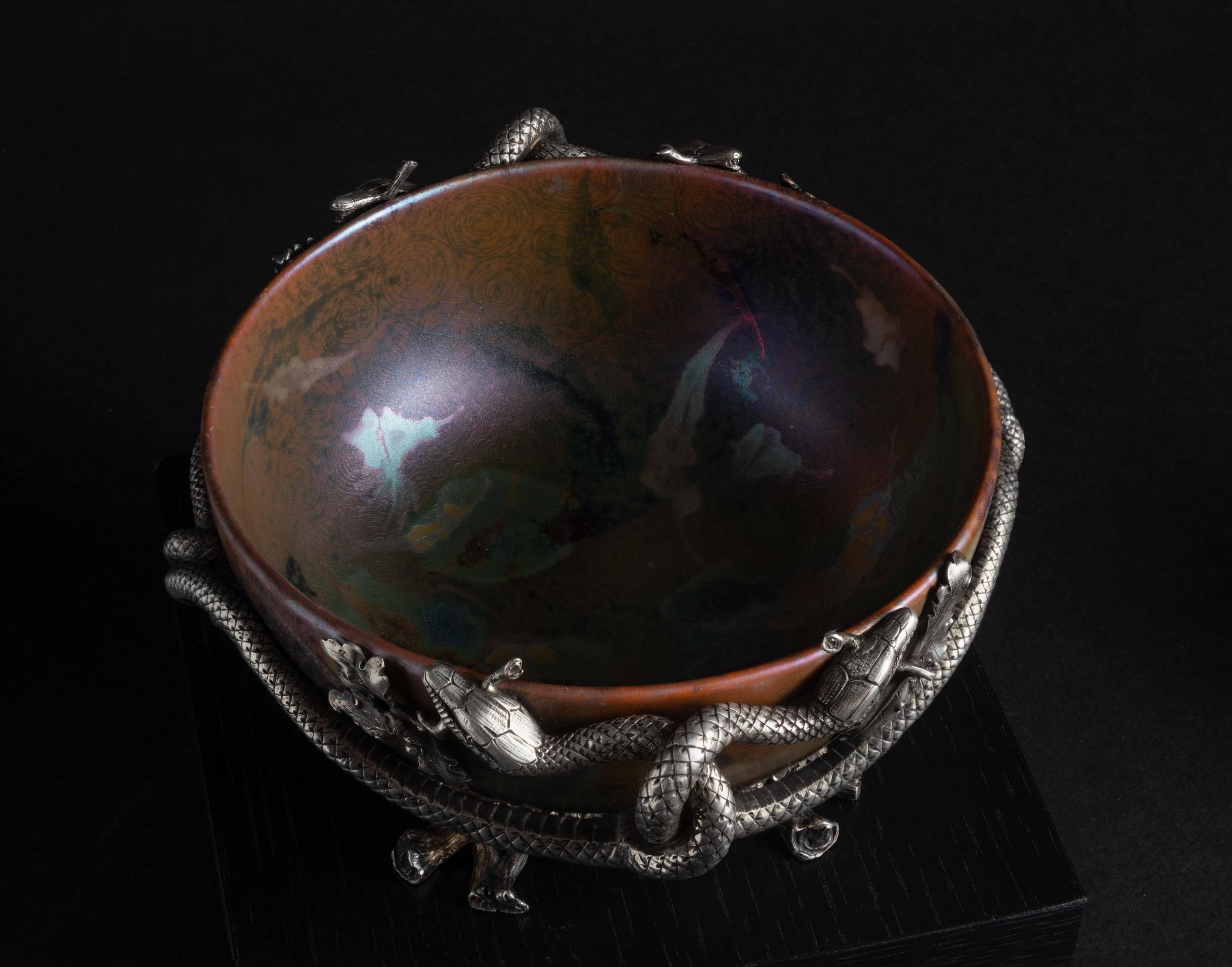 Iridescent Art Nouveau Bowl w/Silver Snake Mount by Clement Massier For Sale 11