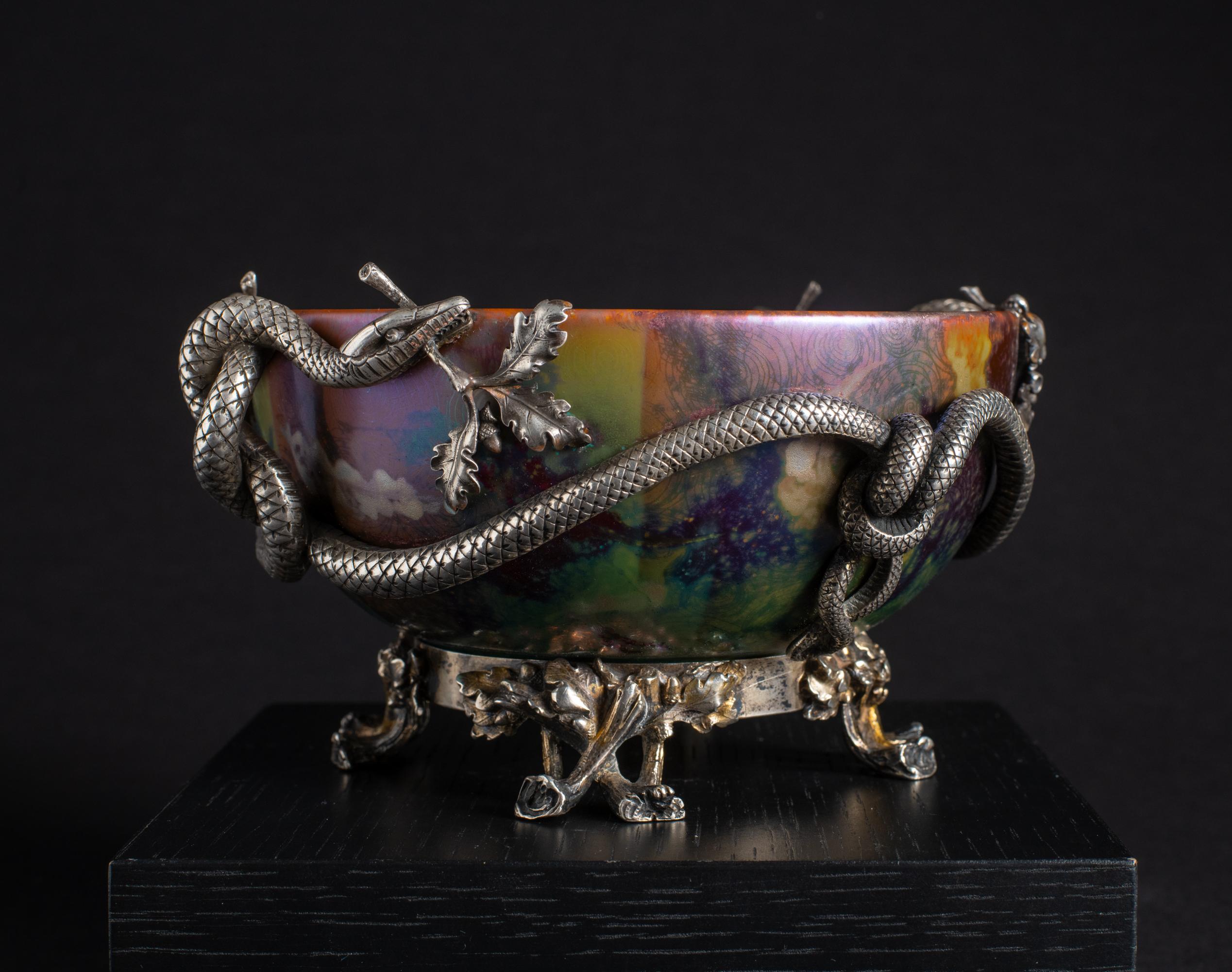 French Iridescent Art Nouveau Bowl w/Silver Snake Mount by Clement Massier For Sale