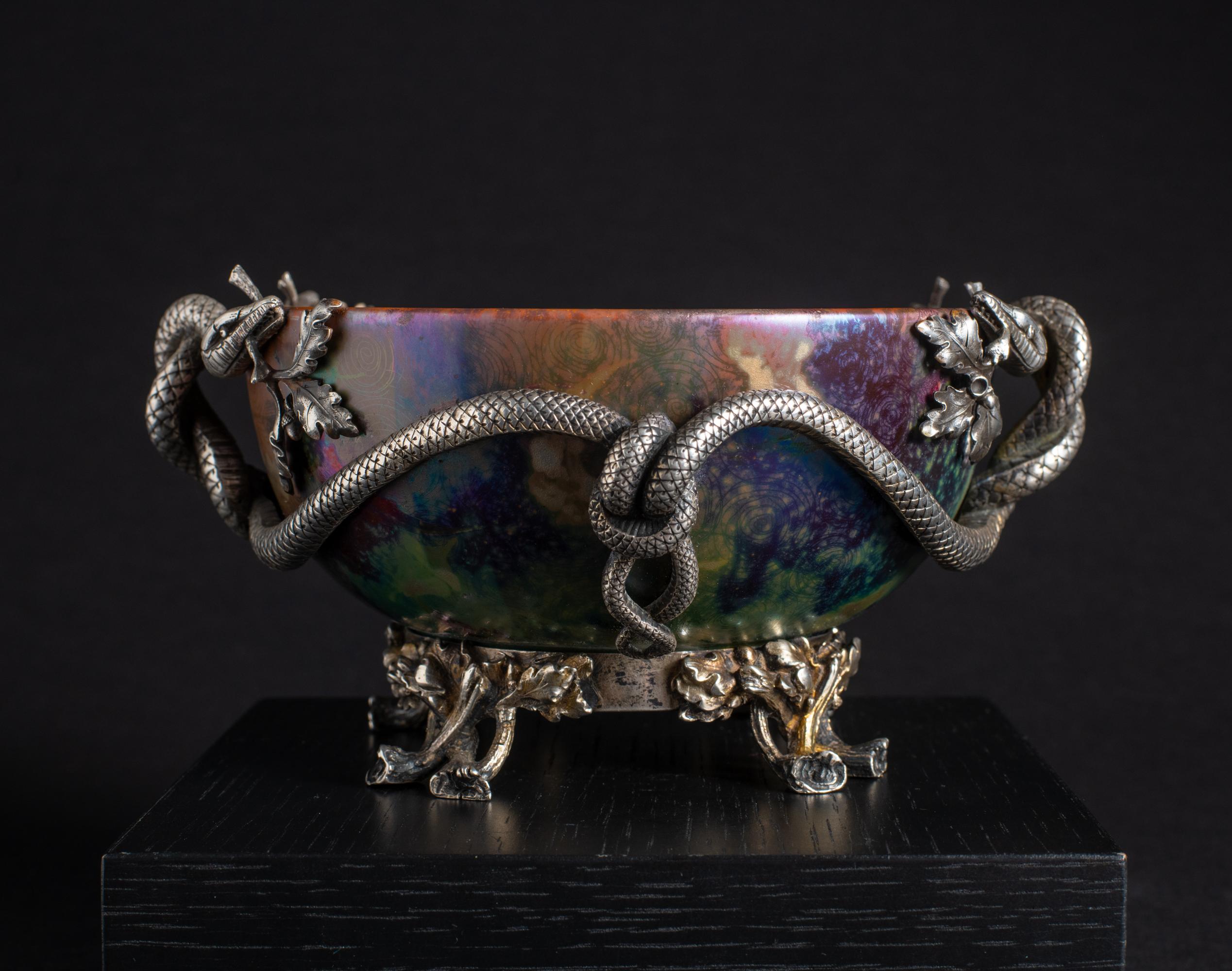 Glazed Iridescent Art Nouveau Bowl w/Silver Snake Mount by Clement Massier