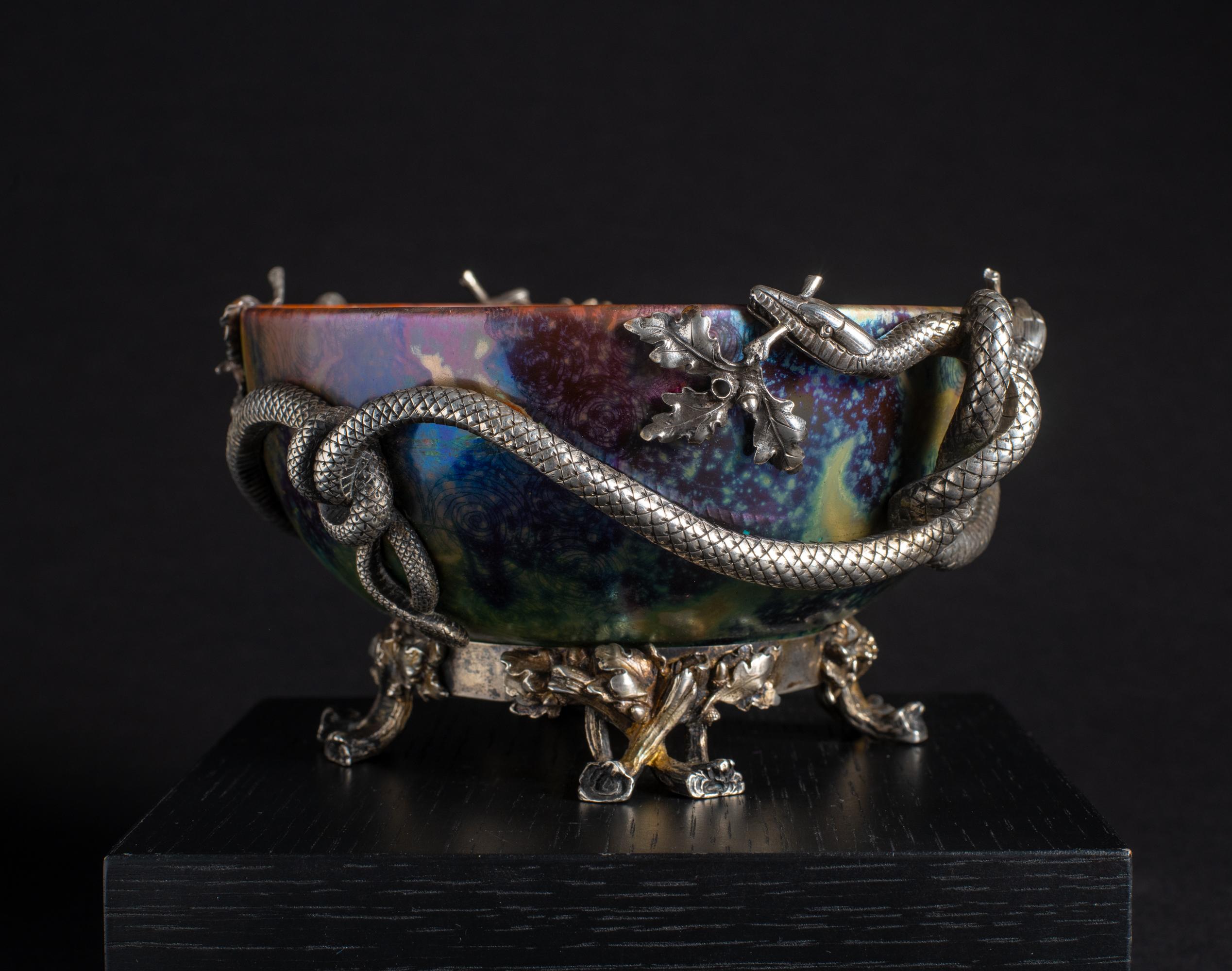 Iridescent Art Nouveau Bowl w/Silver Snake Mount by Clement Massier In Excellent Condition For Sale In Chicago, US