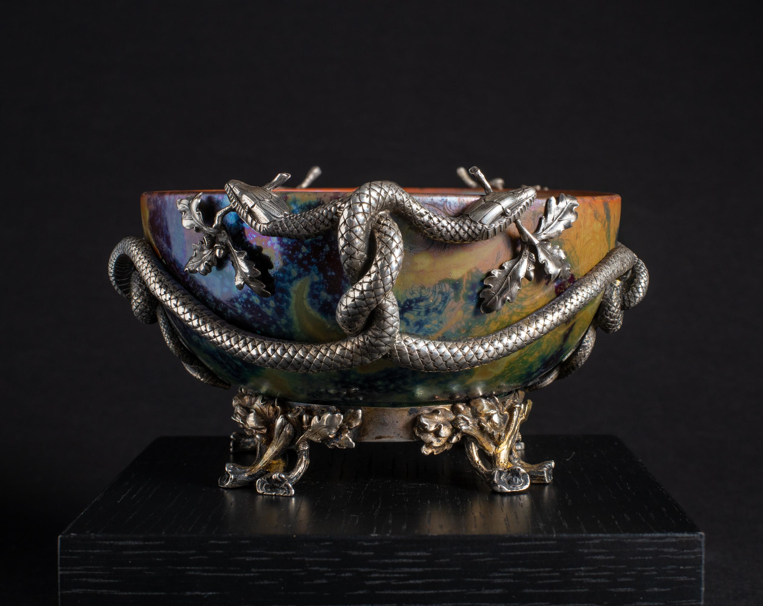 Early 20th Century Iridescent Art Nouveau Bowl w/Silver Snake Mount by Clement Massier For Sale