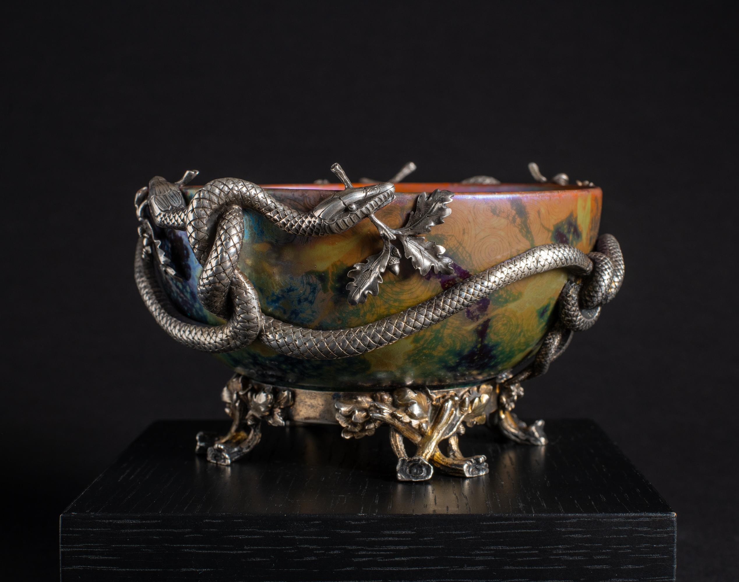Iridescent Art Nouveau Bowl w/Silver Snake Mount by Clement Massier For Sale 1