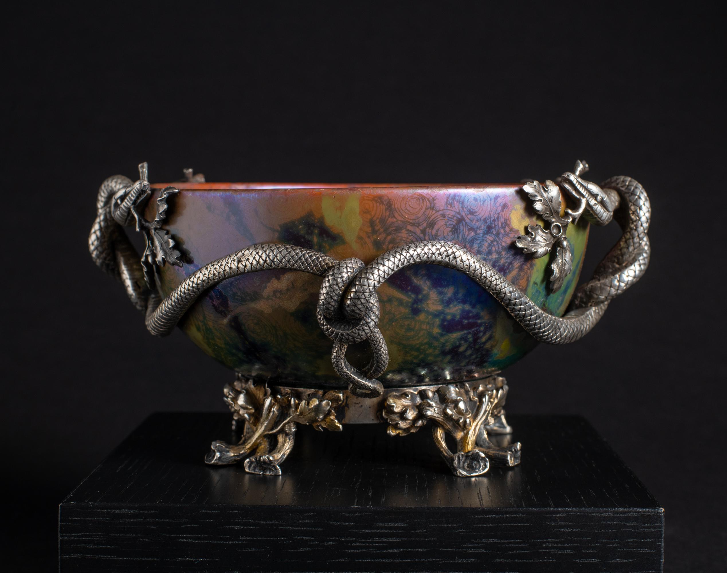 Iridescent Art Nouveau Bowl w/Silver Snake Mount by Clement Massier 2