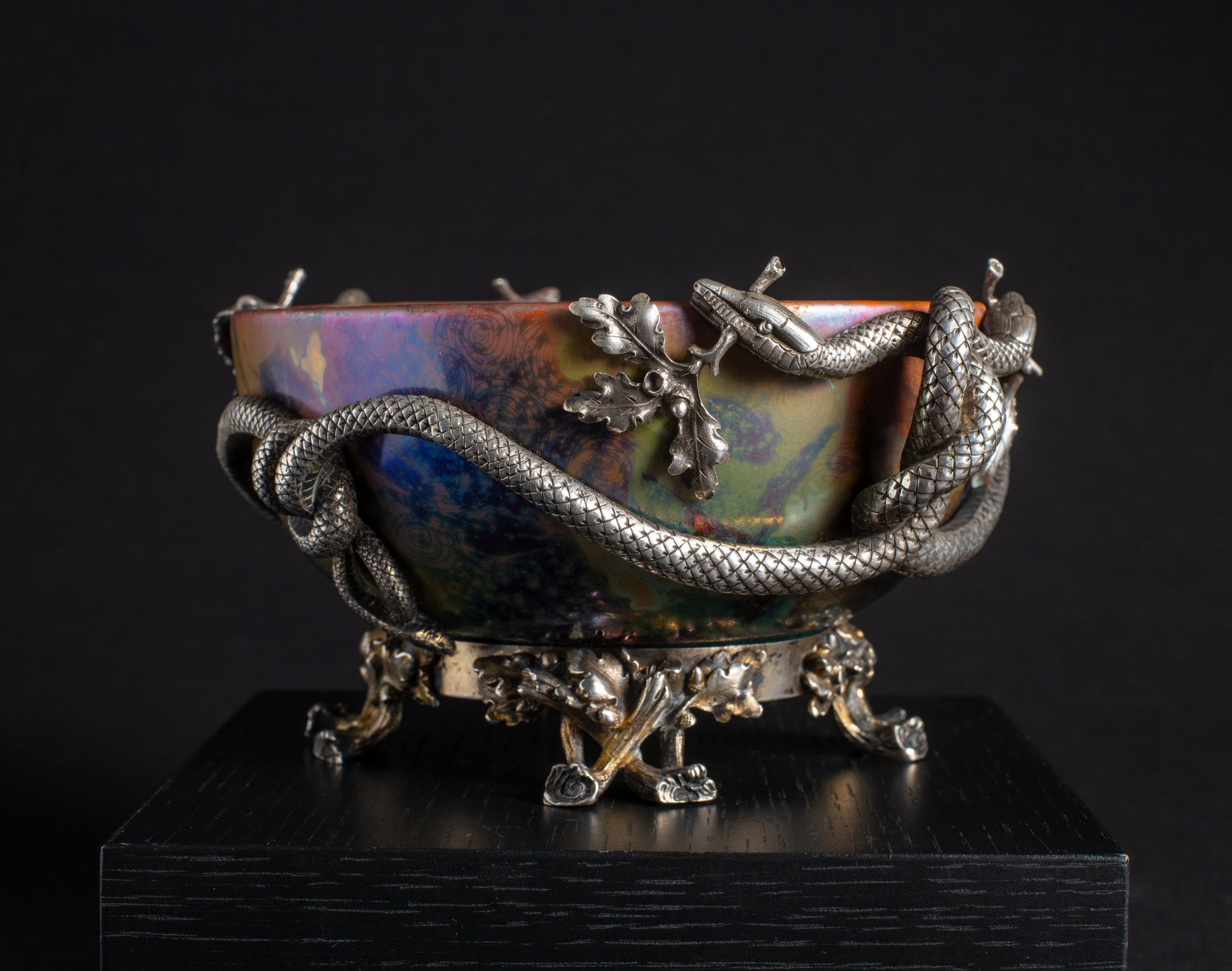 Iridescent Art Nouveau Bowl w/Silver Snake Mount by Clement Massier For Sale 3