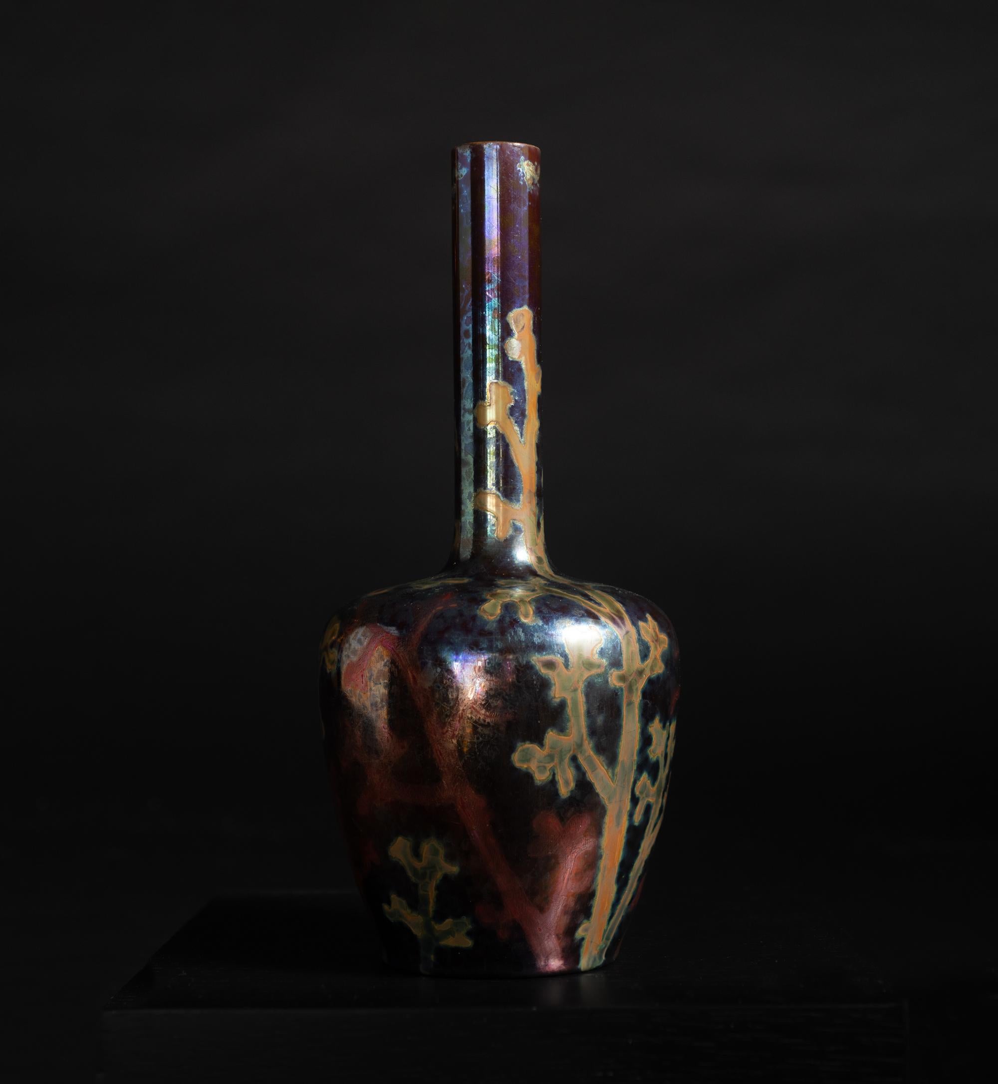 French Iridescent Art Nouveau Coral Vase by Lucien Lévy-Dhurmer for Clement Massier