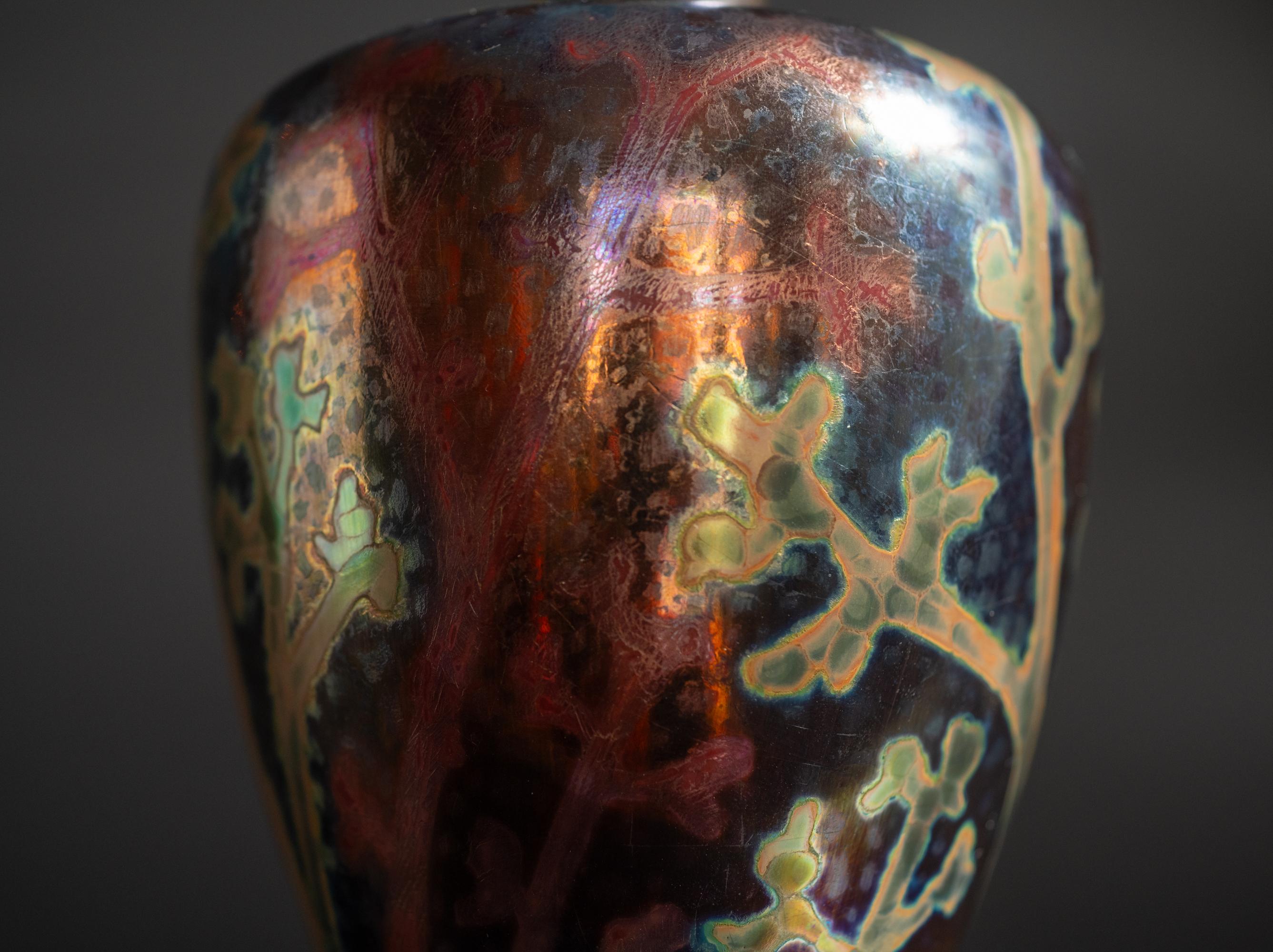 Earthenware Iridescent Art Nouveau Coral Vase by Lucien Lévy-Dhurmer for Clement Massier For Sale