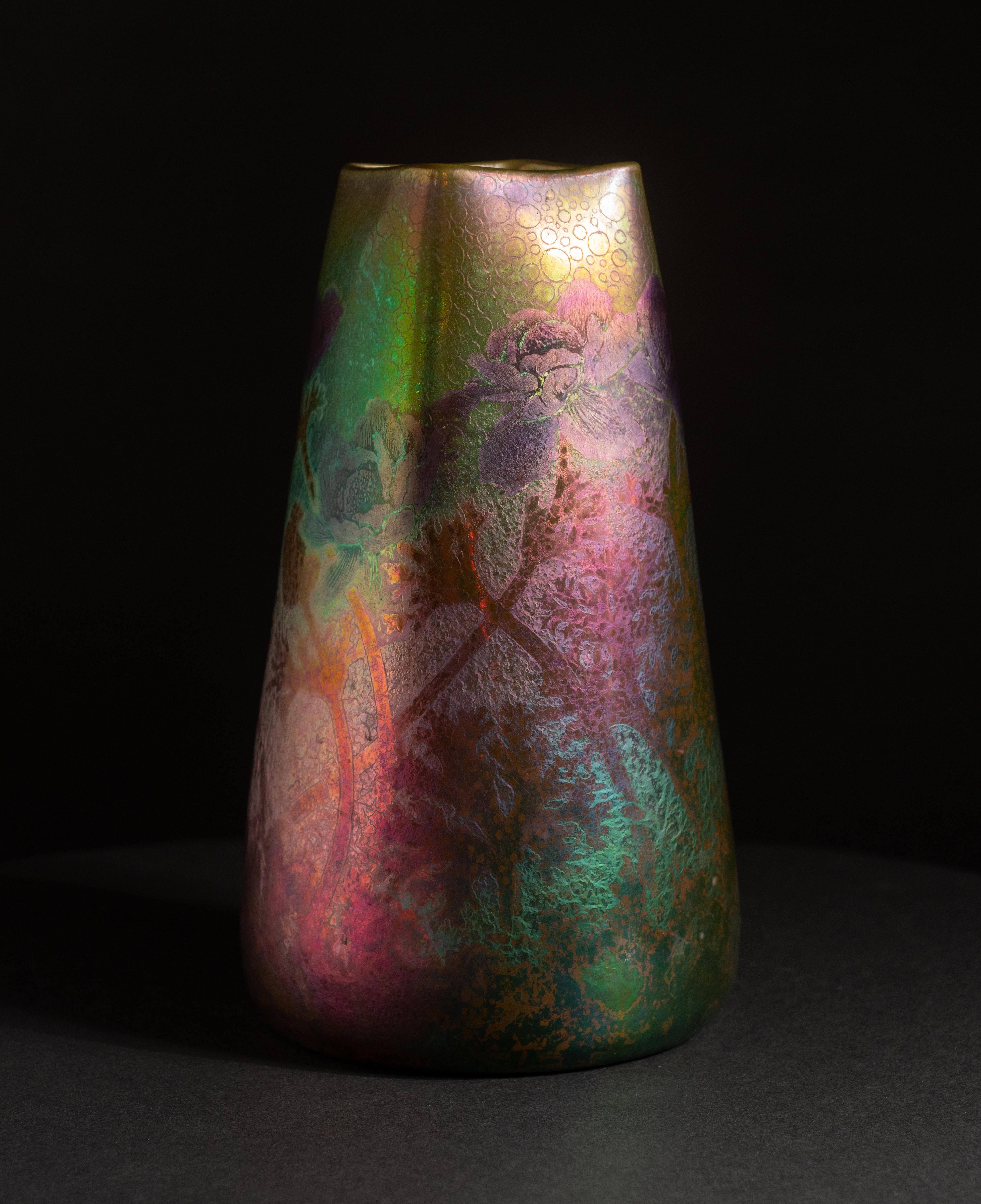 French Iridescent Art Nouveau Flower Vase by Lucien Levy-Dhurmer for Clement Massier For Sale