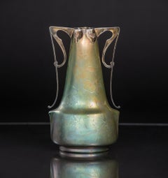 Iridescent Art Nouveau Foliage Vase w/Silver Mount by Clement Massier