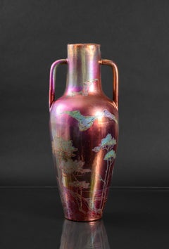 Iridescent Art Nouveau Forest Bats Vase by Delphin Massier