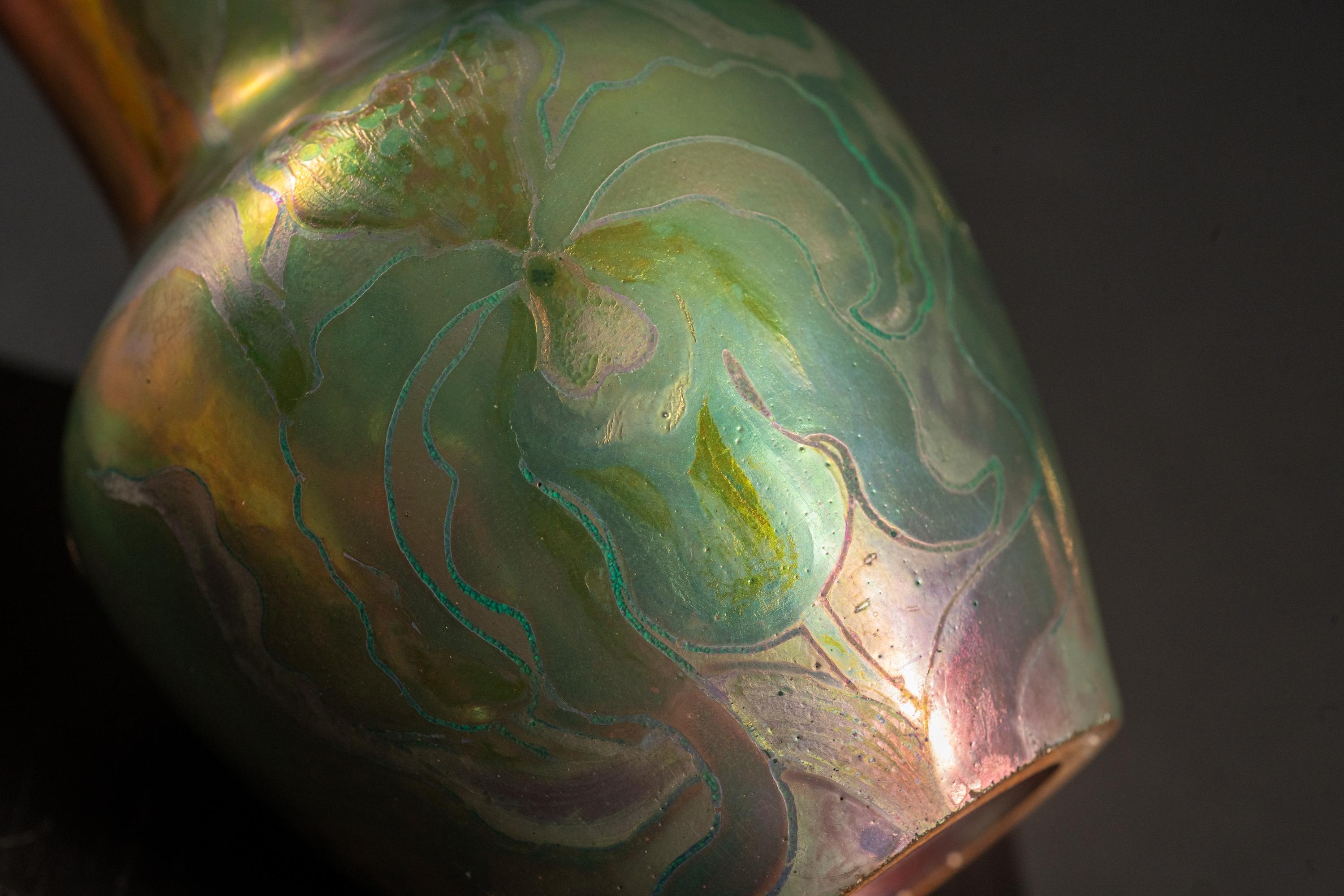 Iridescent Art Nouveau Iris Cabinet Vase w/Silver Collar by Clement Massier For Sale 5