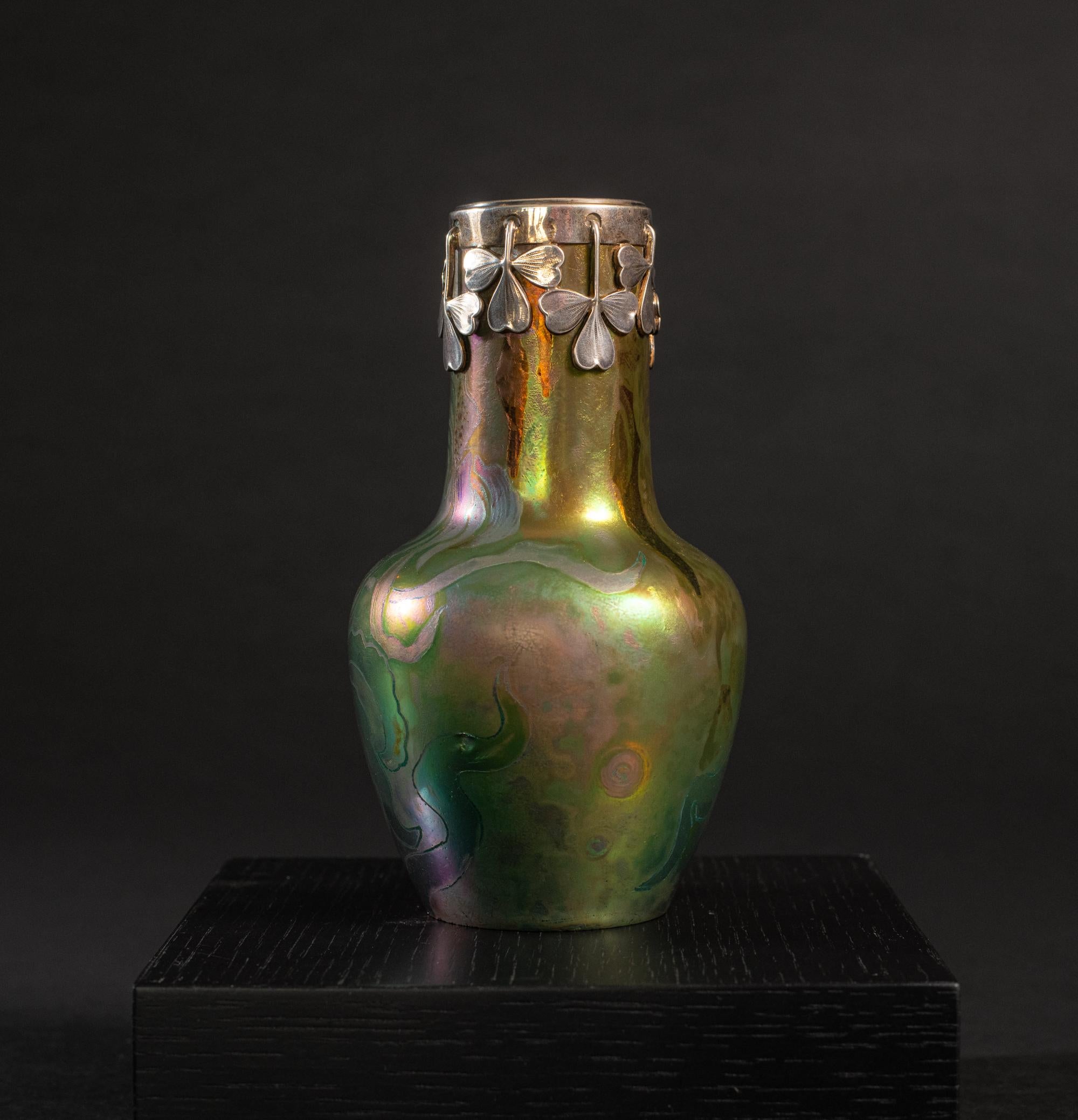Glazed Iridescent Art Nouveau Iris Cabinet Vase w/Silver Collar by Clement Massier For Sale