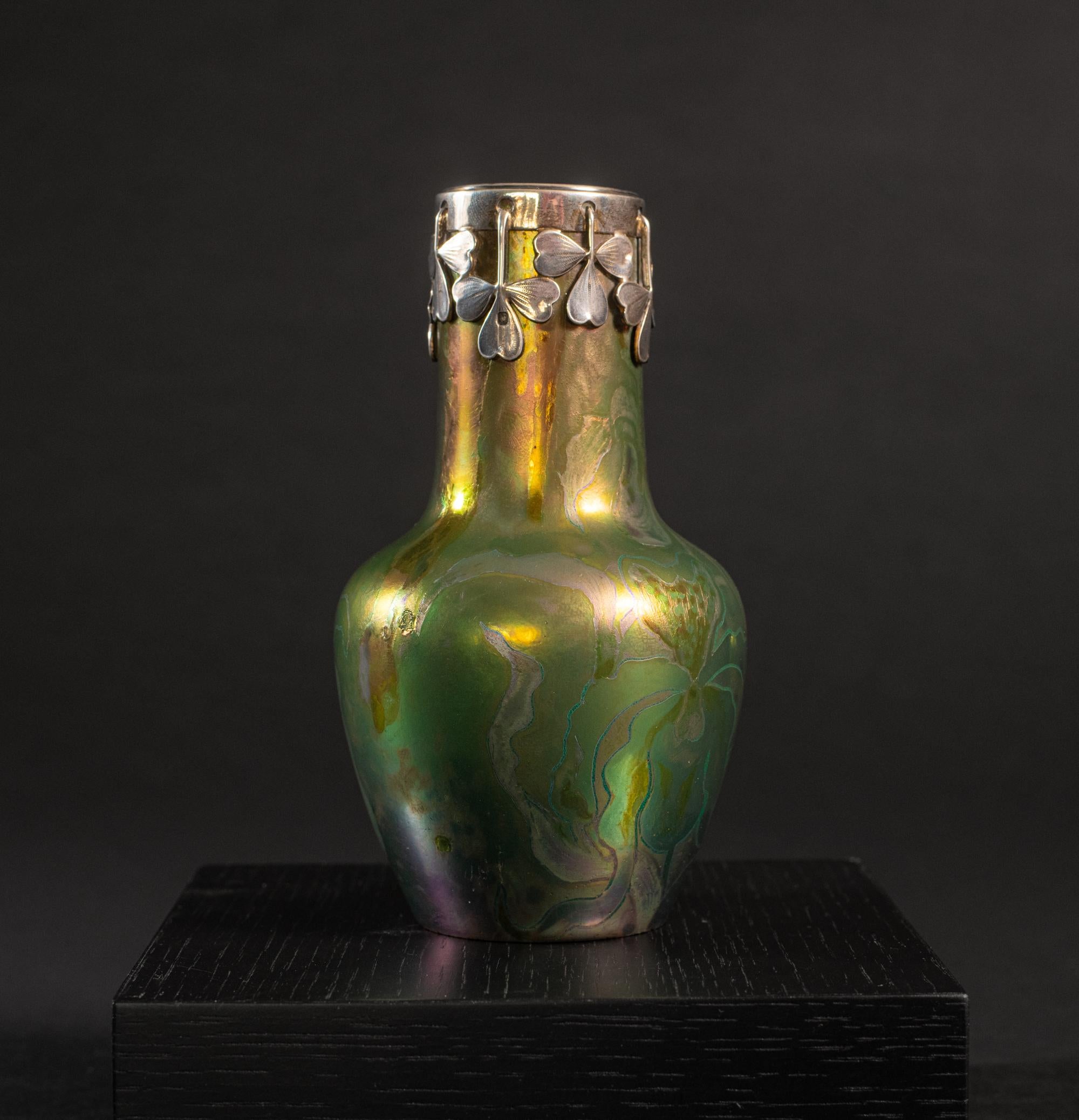 Early 20th Century Iridescent Art Nouveau Iris Cabinet Vase w/Silver Collar by Clement Massier For Sale