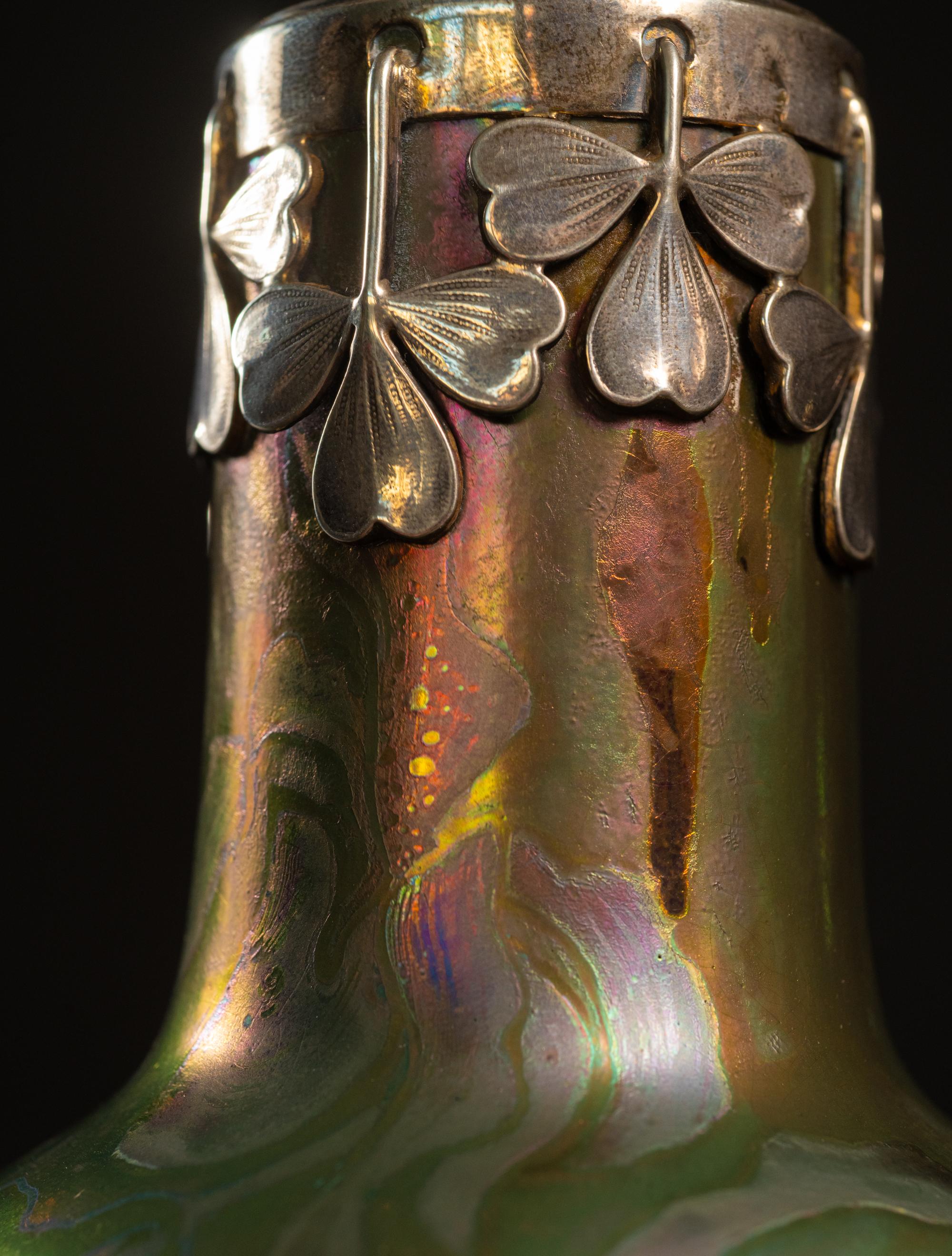 Iridescent Art Nouveau Iris Cabinet Vase w/Silver Collar by Clement Massier For Sale 3