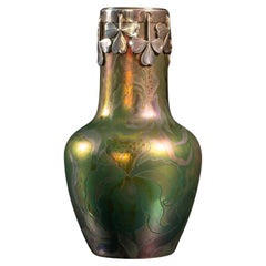 Antique Iridescent Art Nouveau Iris Cabinet Vase w/Silver Collar by Clement Massier