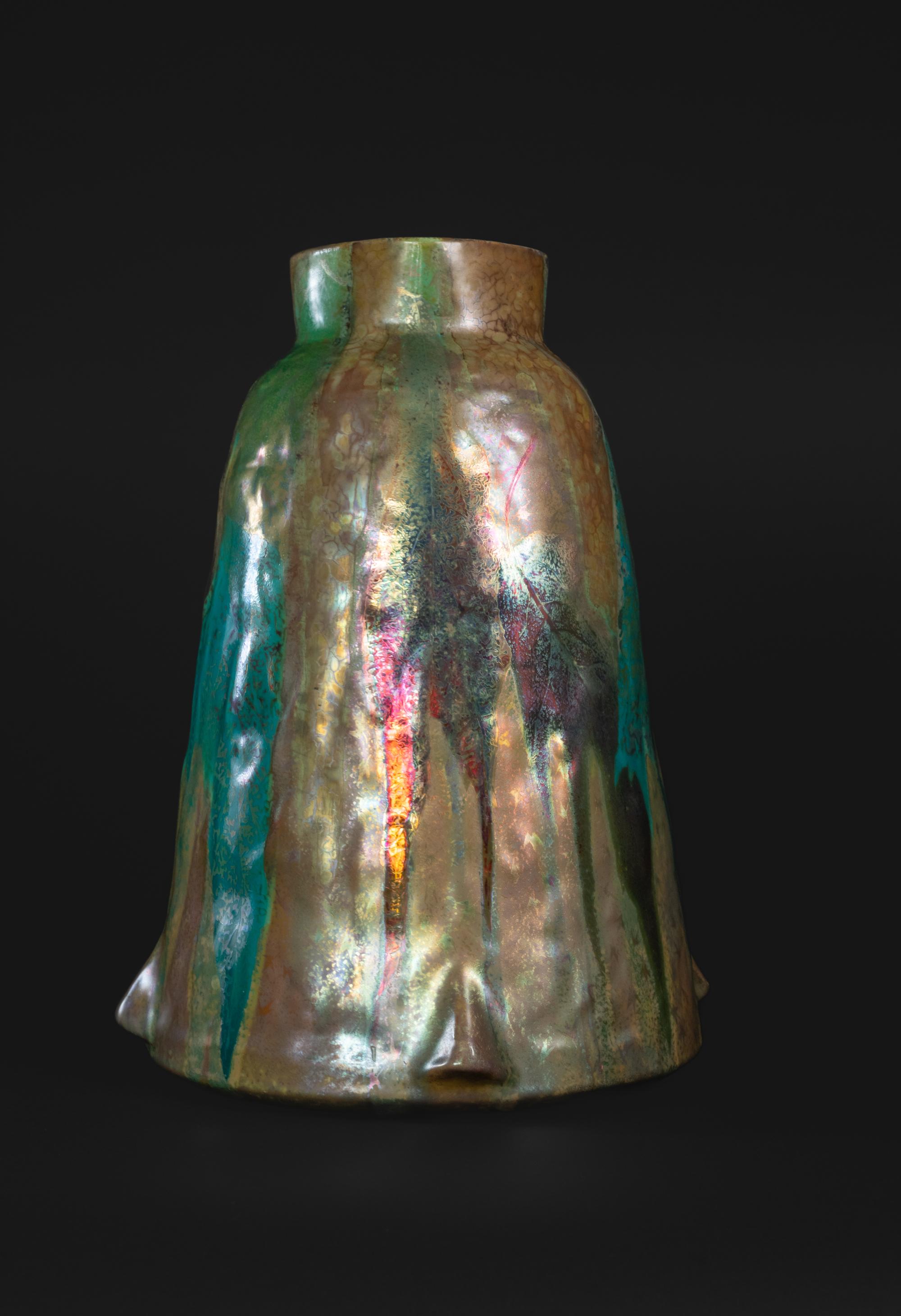French Iridescent Art Nouveau Leaves Vase by Lucien Lévy-Dhurmer for Clement Massier For Sale